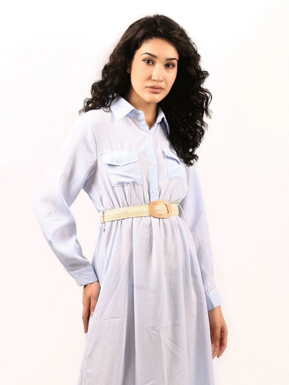 Odette Sky Blue Cotton Linen Striped Dress For Women - Image 5