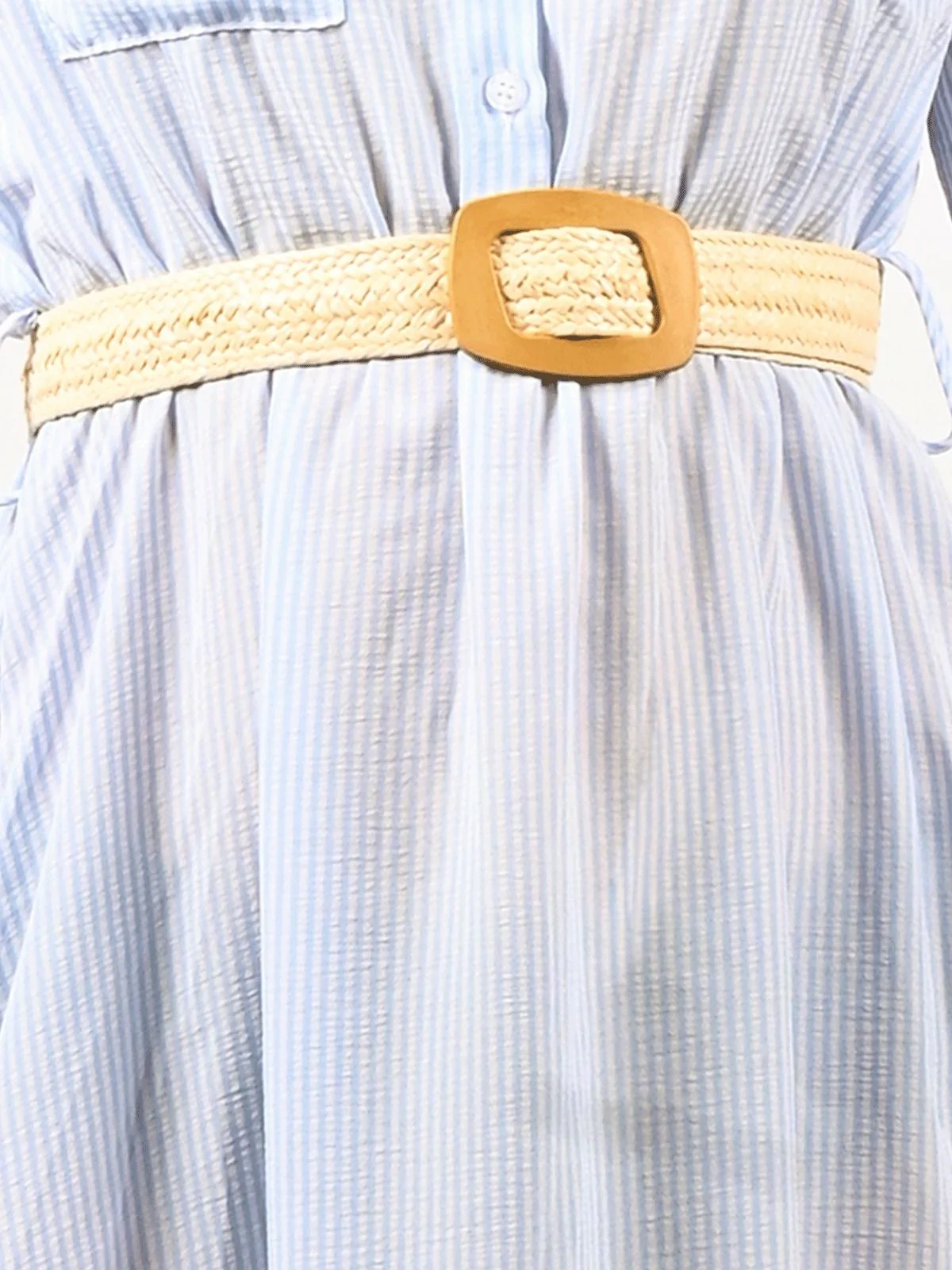 Odette Sky Blue Cotton Linen Striped Dress For Women - Image 6