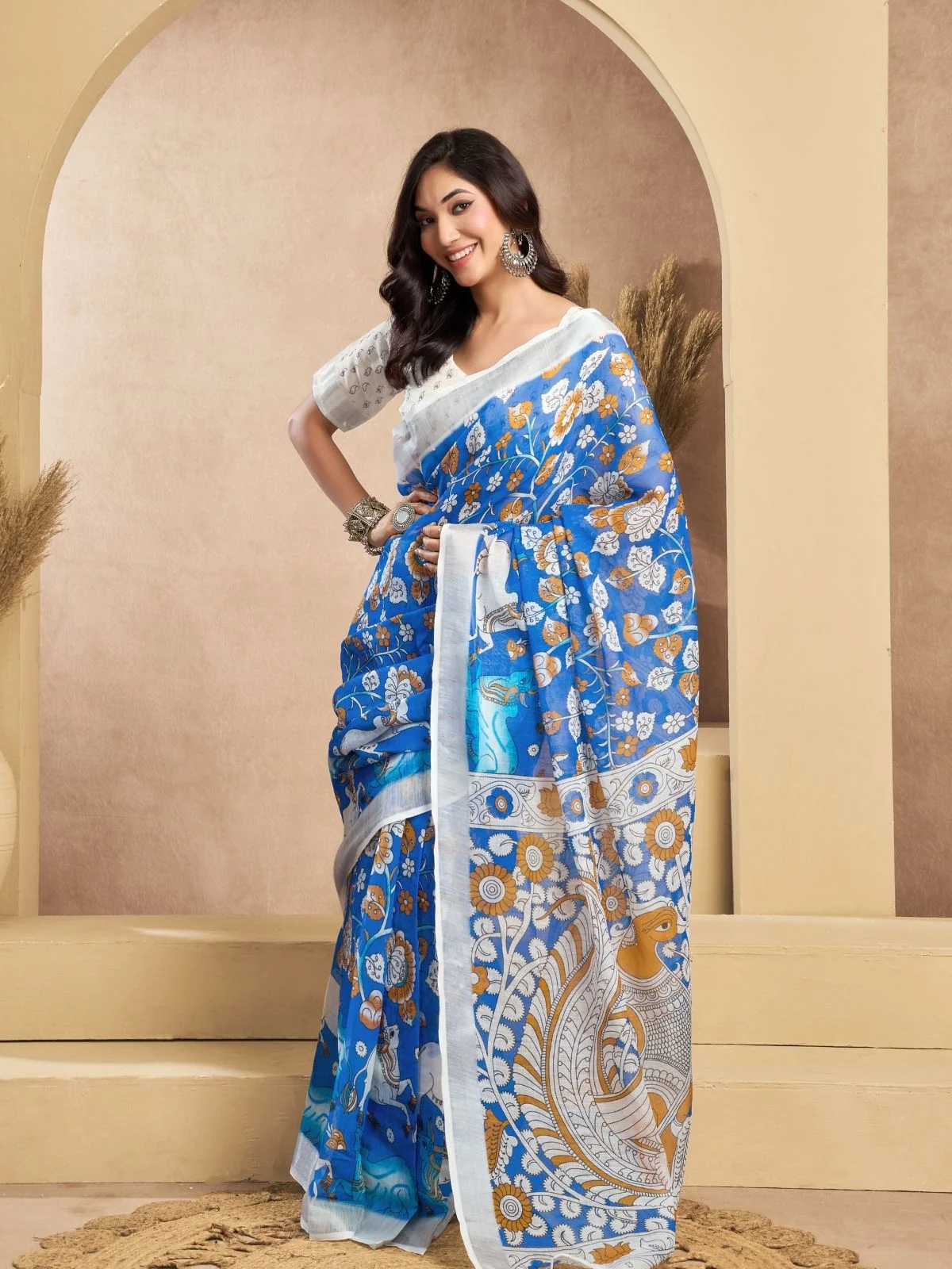 Odette Sky Blue Cotton Linen Zari Work Saree For Women - Image 2