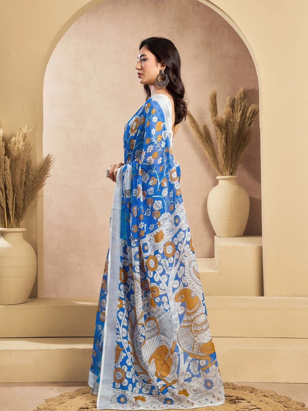 Odette Sky Blue Cotton Linen Zari Work Saree For Women - Image 3