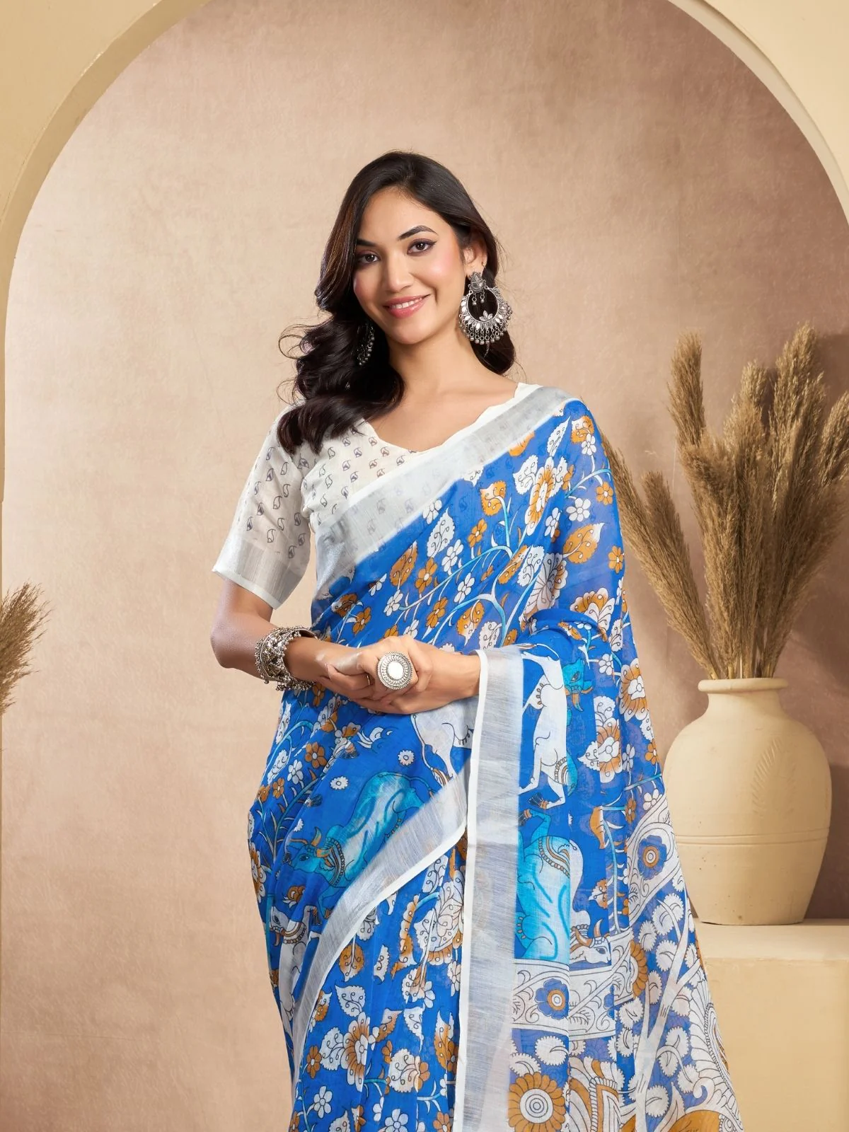 Odette Sky Blue Cotton Linen Zari Work Saree For Women - Image 5
