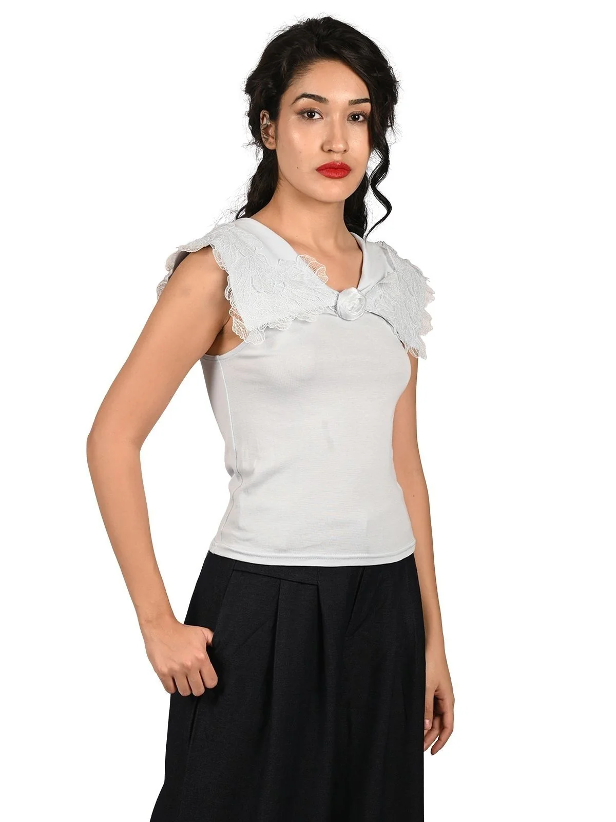 Odette Sky Blue Cotton Lycra Solid Top For Women - Image 3