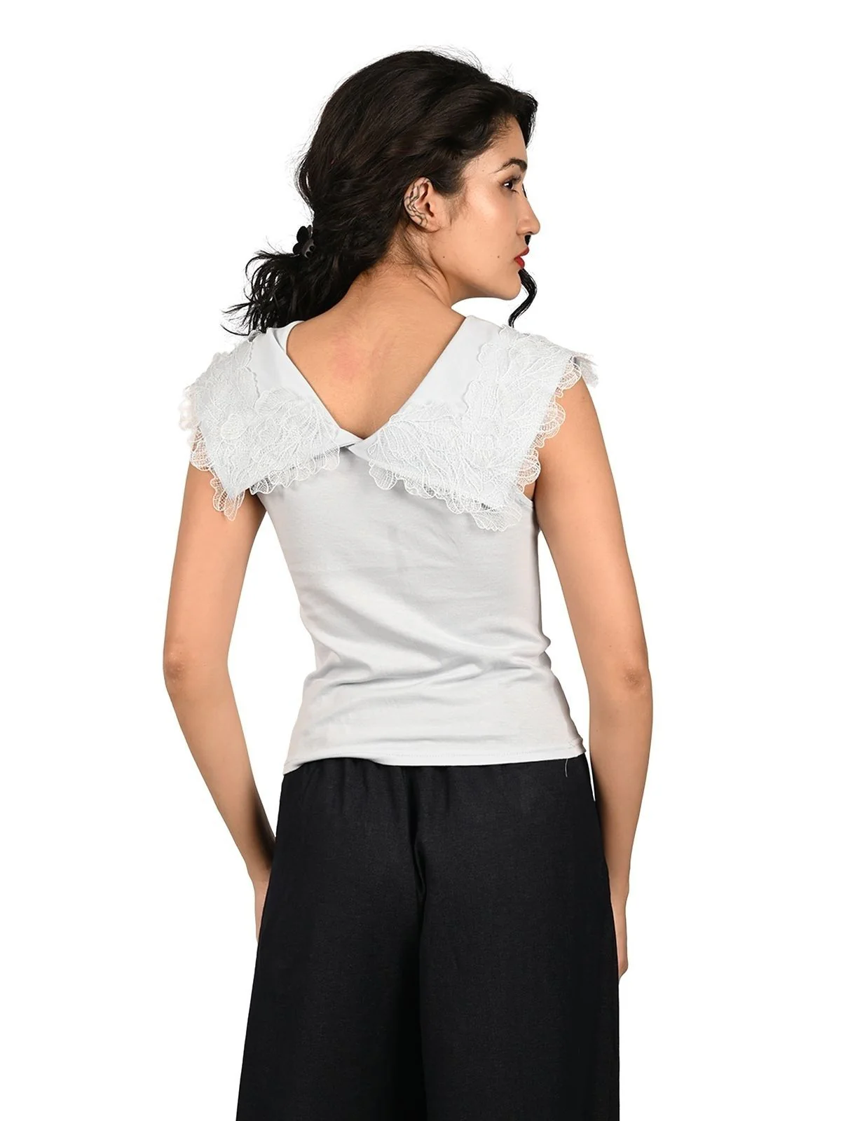 Odette Sky Blue Cotton Lycra Solid Top For Women - Image 4