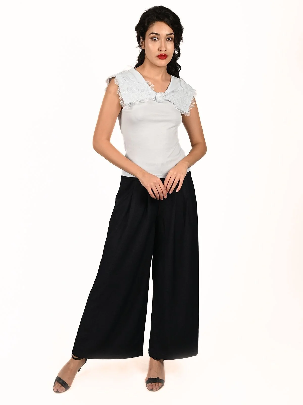 Odette Sky Blue Cotton Lycra Solid Top For Women - Image 5