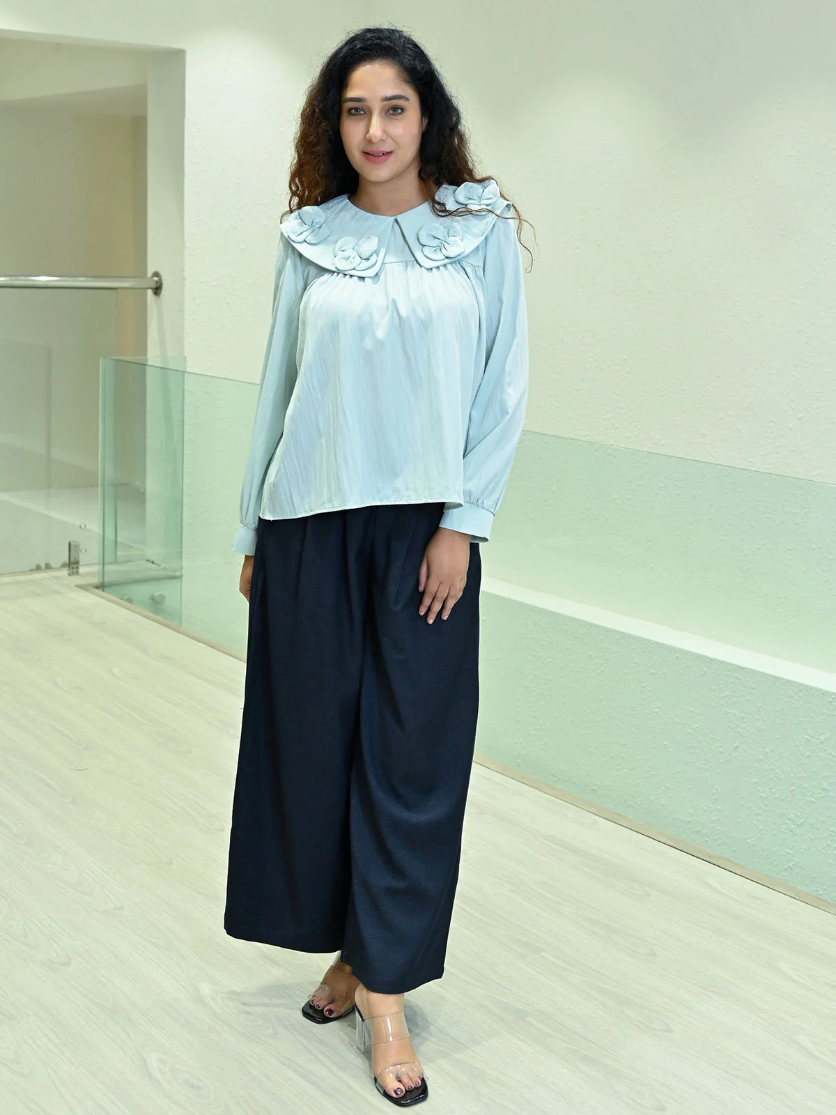 Odette Sky Blue Cotton Poplin Solid Top For Women Fashion Fit - Image 5
