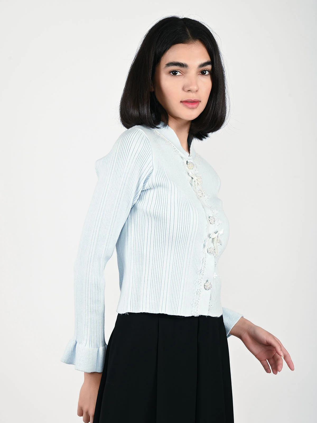 Odette Sky Blue Cotton Rib Embellished Top For Women - Image 2