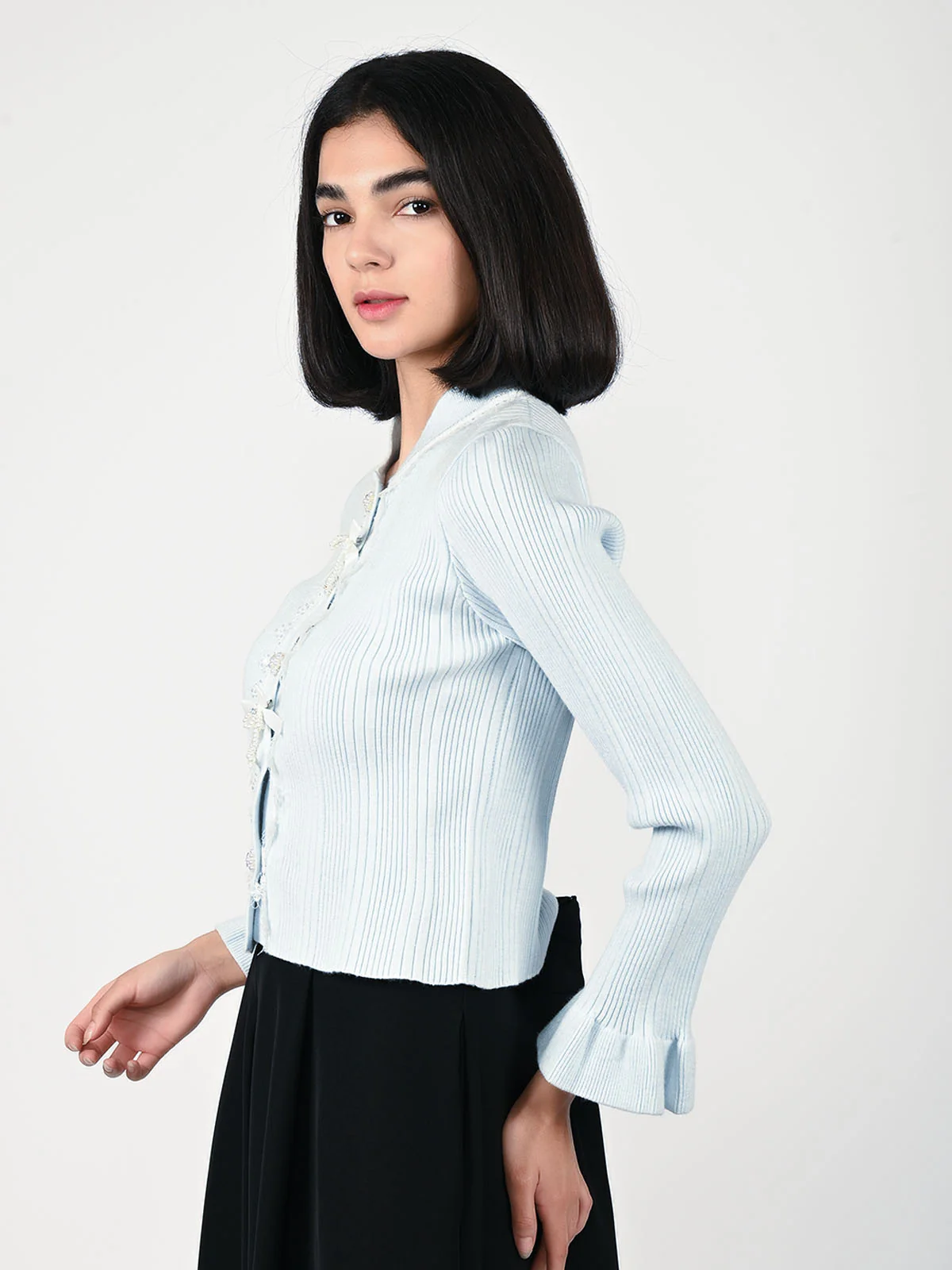 Odette Sky Blue Cotton Rib Embellished Top For Women - Image 3