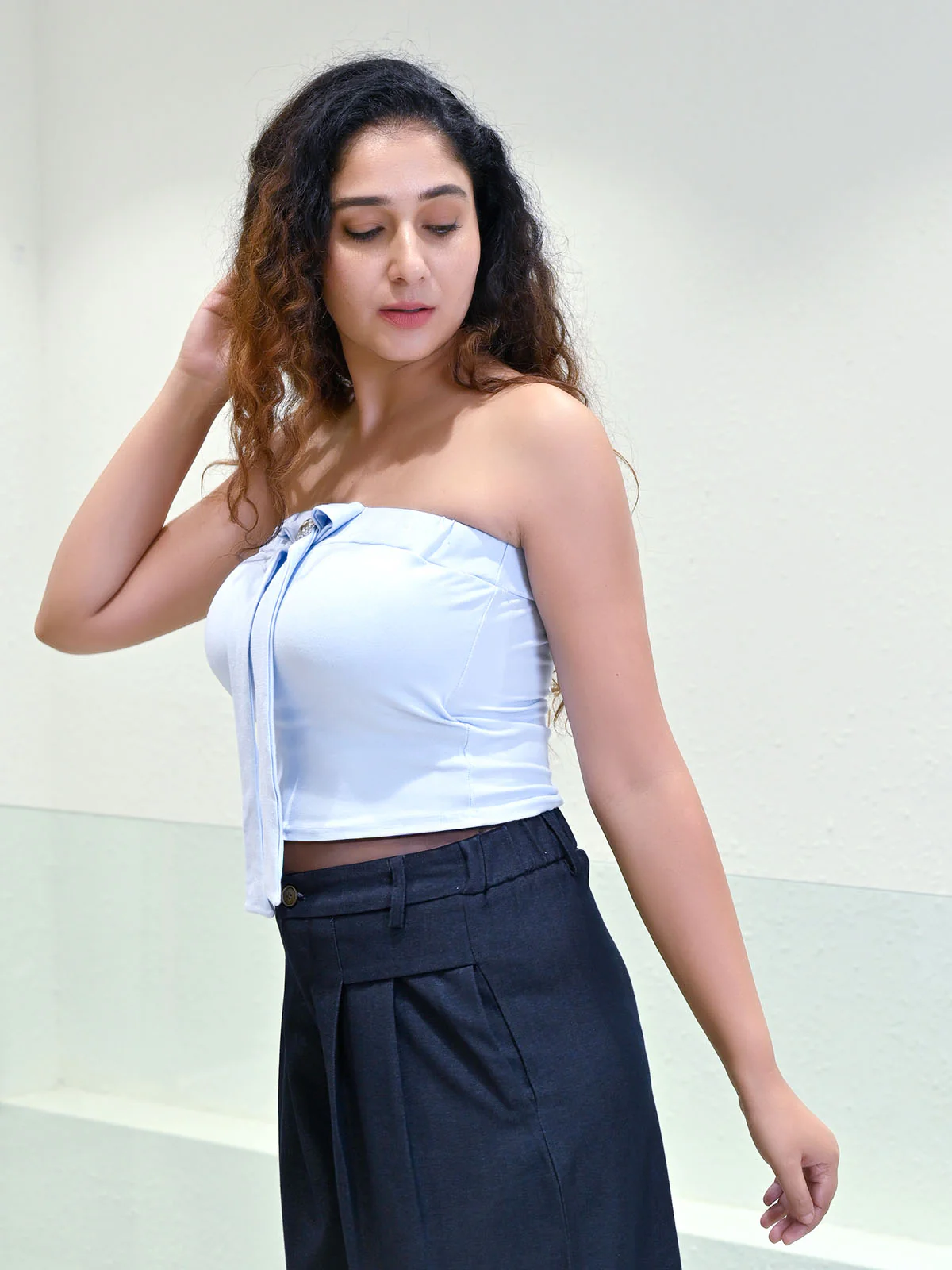 Odette Sky Blue Cotton Rib Solid Top For Women Trendy Wear - Image 2