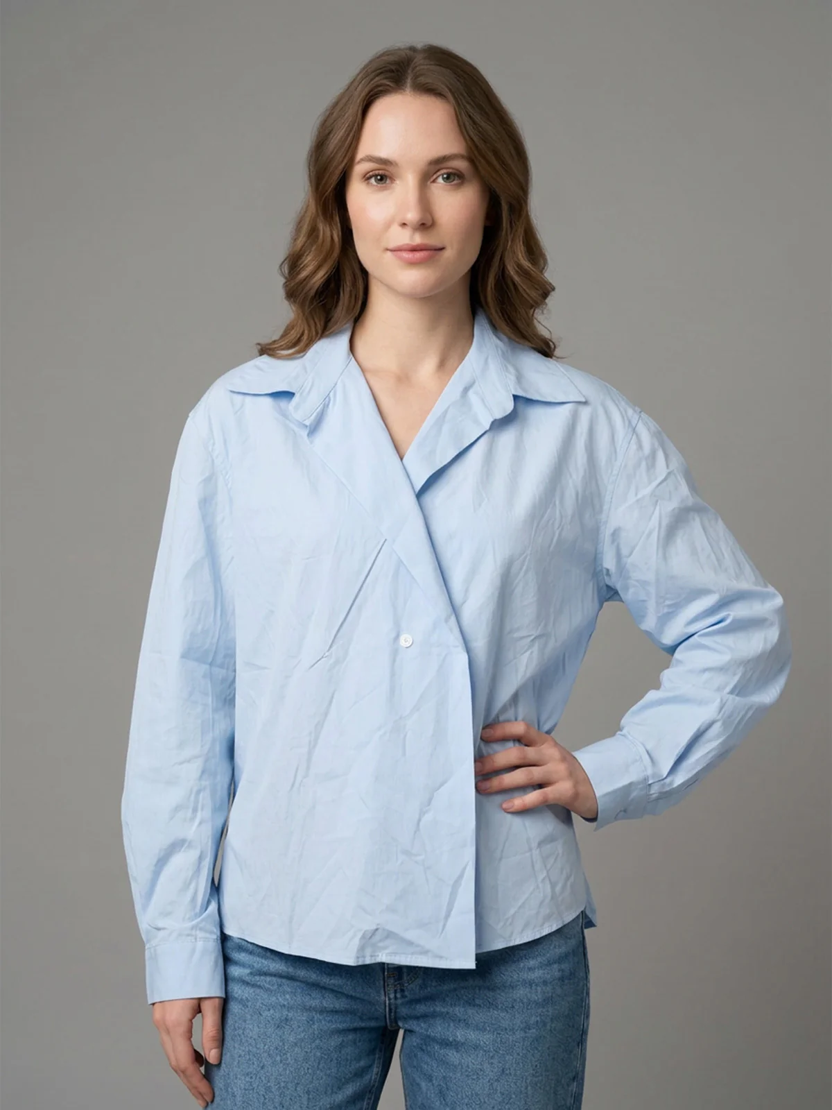 Odette Sky Blue Cotton Solid Shirt For Women