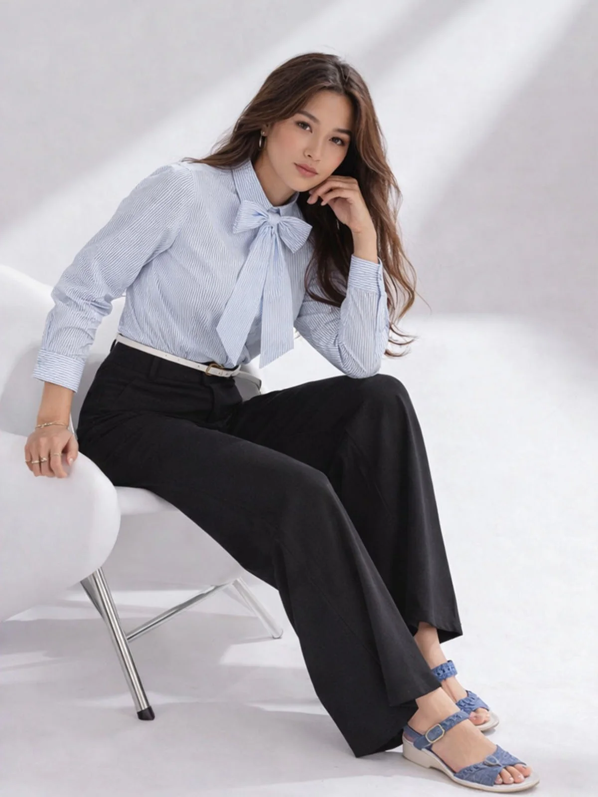 Odette Sky Blue Cotton Striped Solid Shirt For Women - Image 2