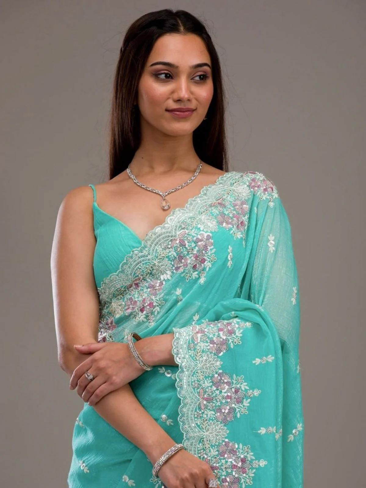 Odette Sky Blue Crush Embroidered Saree For Women - Image 3