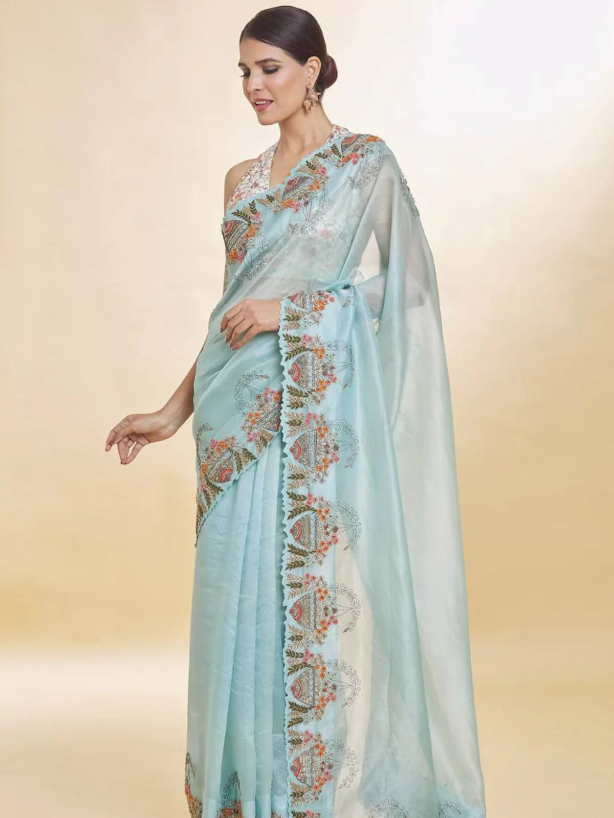 Odette Sky Blue Embroidered Organza Saree With Unstitched Blouse For Women - Image 3