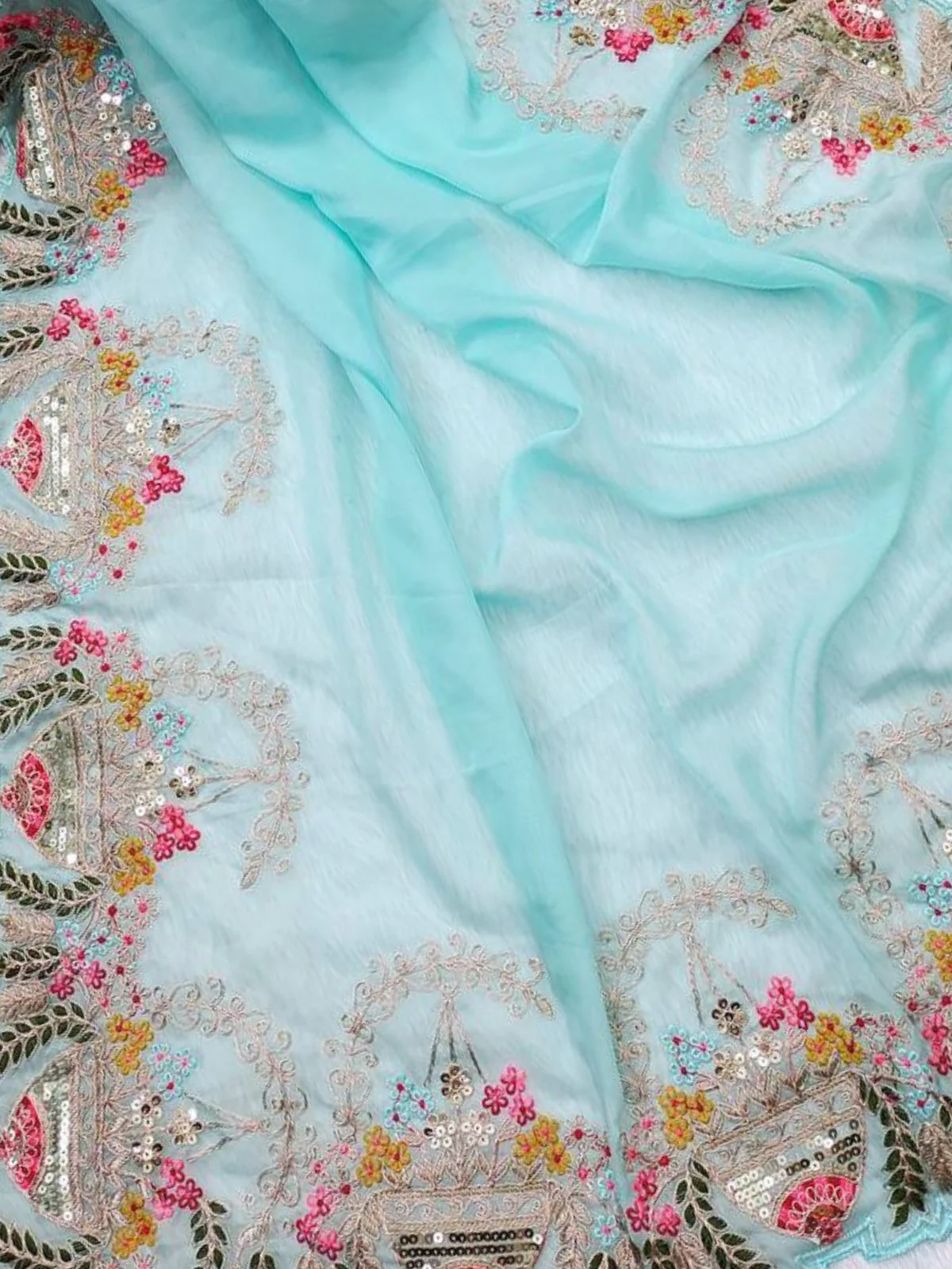 Odette Sky Blue Embroidered Organza Saree With Unstitched Blouse For Women - Image 5