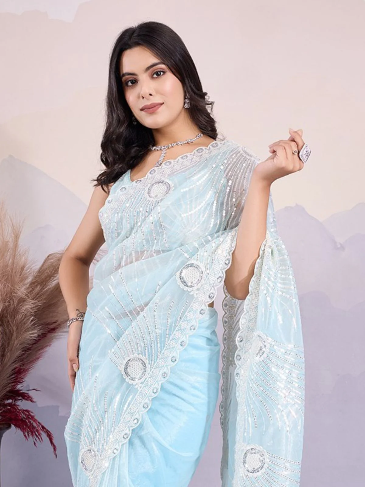 Odette Sky Blue Organza Embroidered Saree For Women - Image 2
