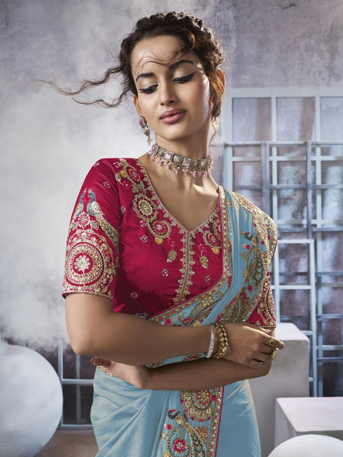 Odette Sky Blue Georgette Crush Embroidered Elegant Saree For Women - Image 3