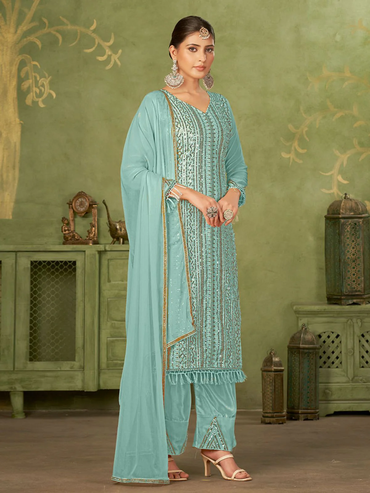 Odette Blue Georgette Embellished Semi Stitched Kurta Set For Women - Image 4
