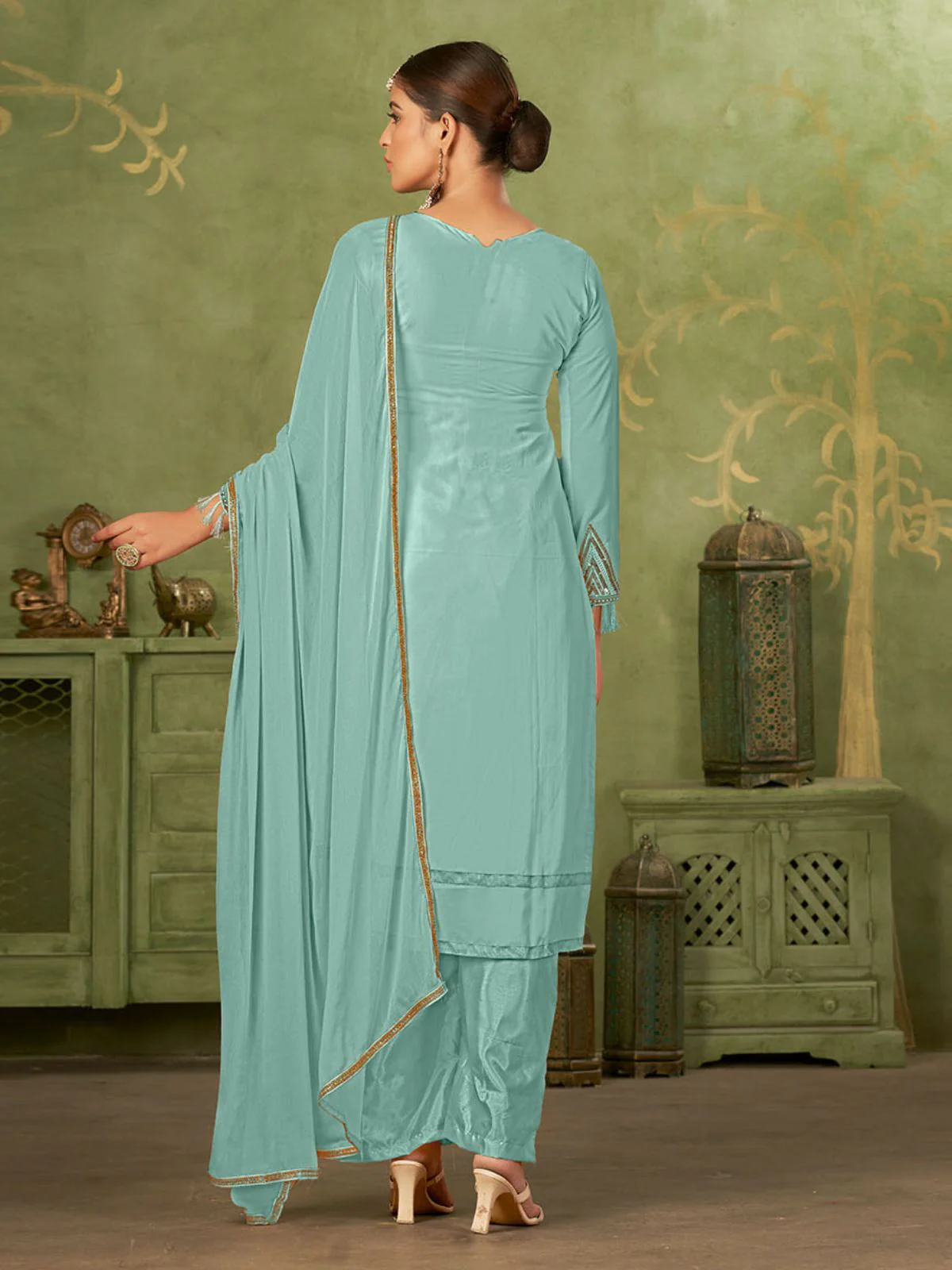 Odette Blue Georgette Embellished Semi Stitched Kurta Set For Women - Image 5