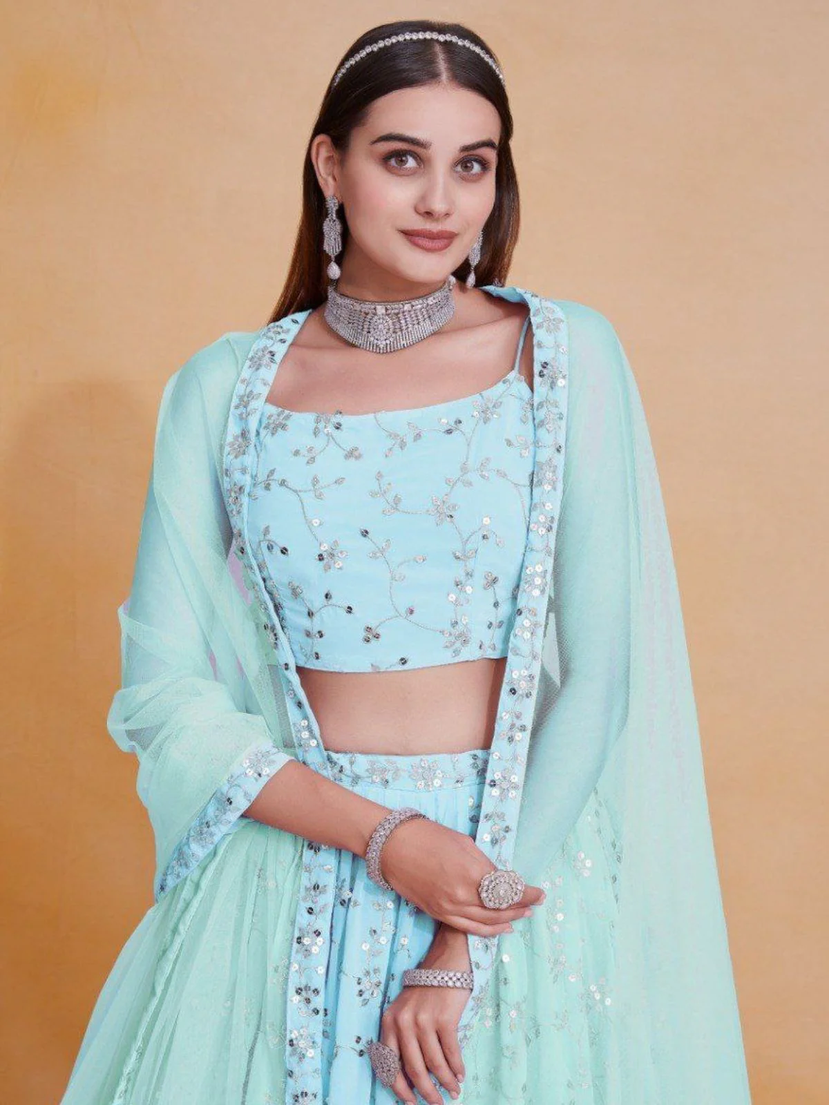 Odette Sky Blue Georgette Embellished Semi Stitched Lehenga For Women - Image 4