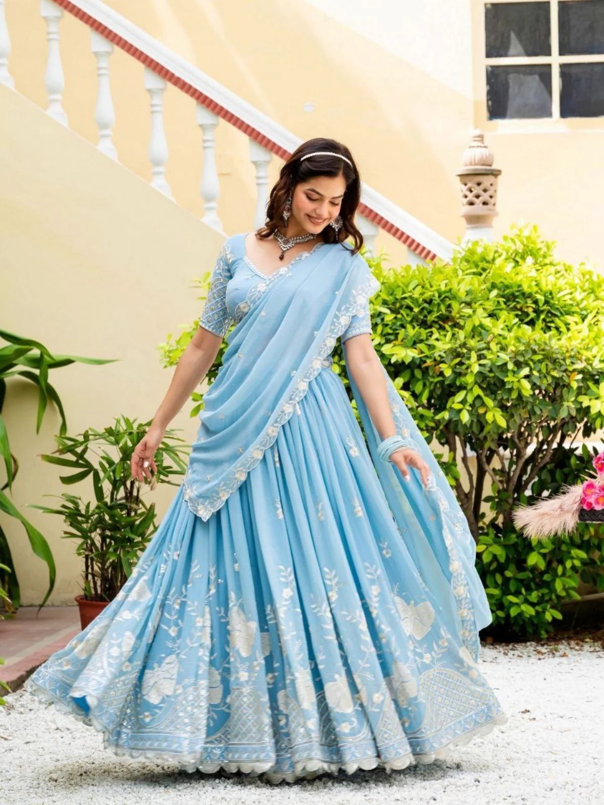 Odette Sky Blue Georgette Embellished Semi Stitched Lehenga For Women - Image 2