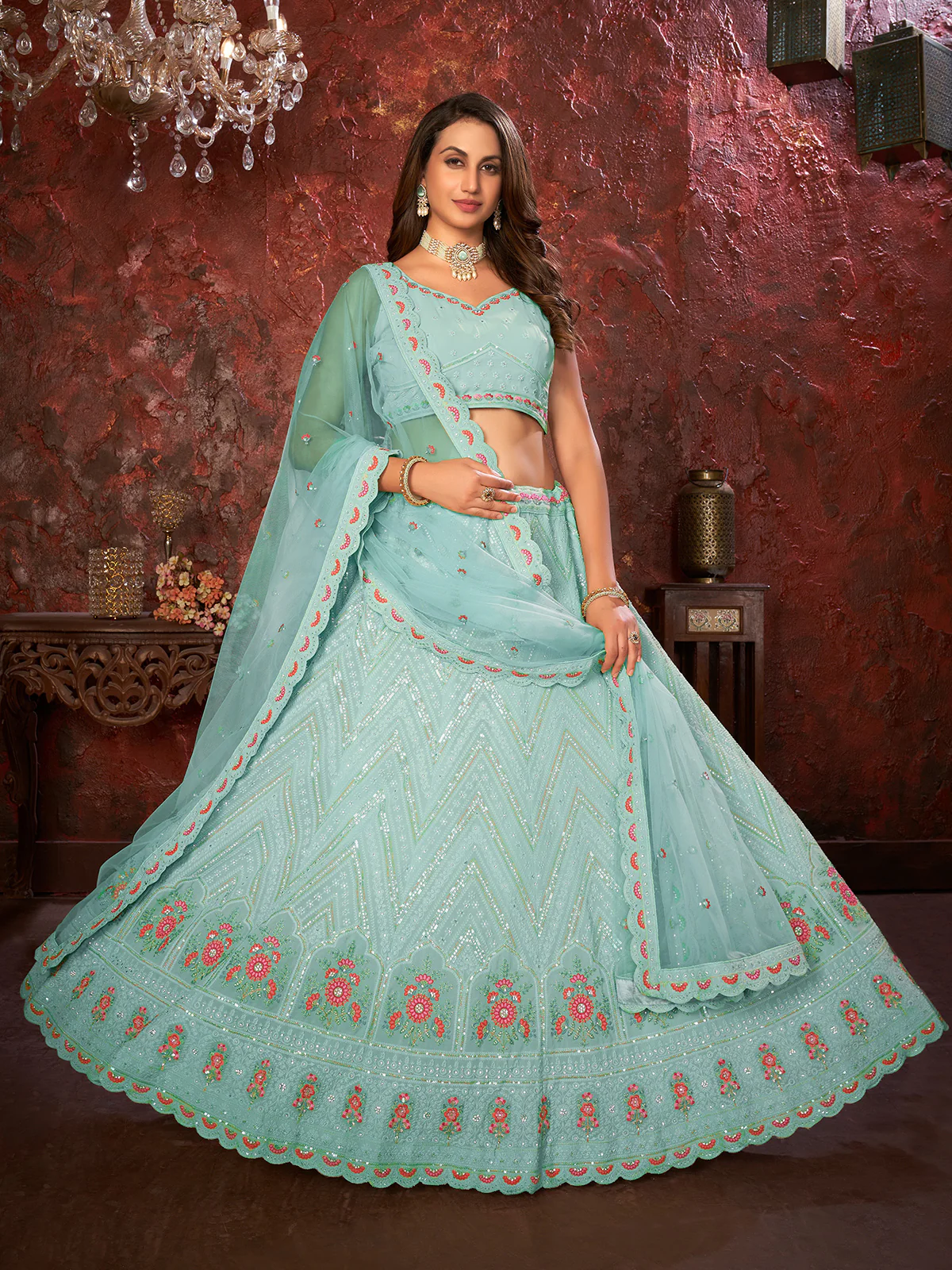 Odette Sky Blue Georgette Embellished Semi Stitched Lehenga With Unstitched Blouse for Women - Image 2
