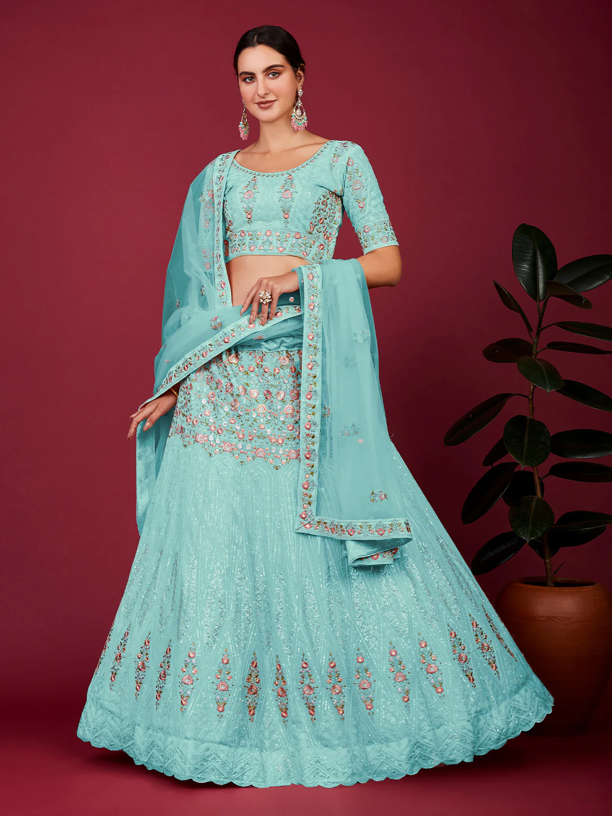 Odette Sky Blue Georgette Embellished Semi Stitched Lehenga With Unstitched Blouse for Women