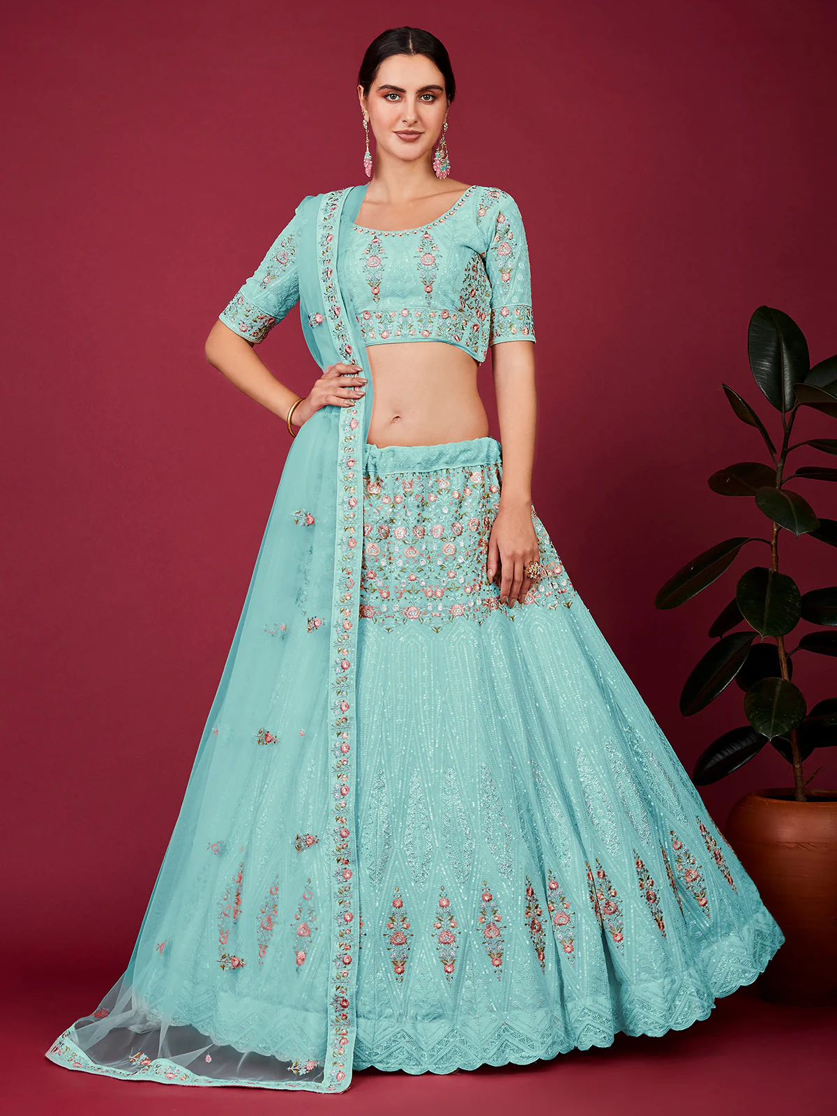 Odette Sky Blue Georgette Embellished Semi Stitched Lehenga With Unstitched Blouse for Women - Image 2