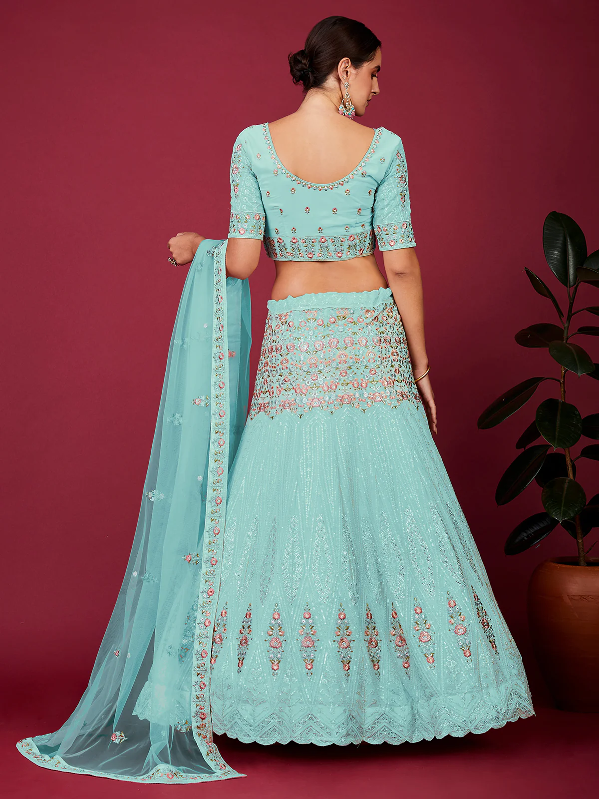 Odette Sky Blue Georgette Embellished Semi Stitched Lehenga With Unstitched Blouse for Women - Image 3