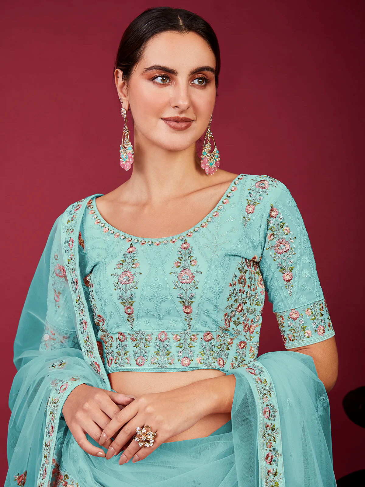 Odette Sky Blue Georgette Embellished Semi Stitched Lehenga With Unstitched Blouse for Women - Image 4