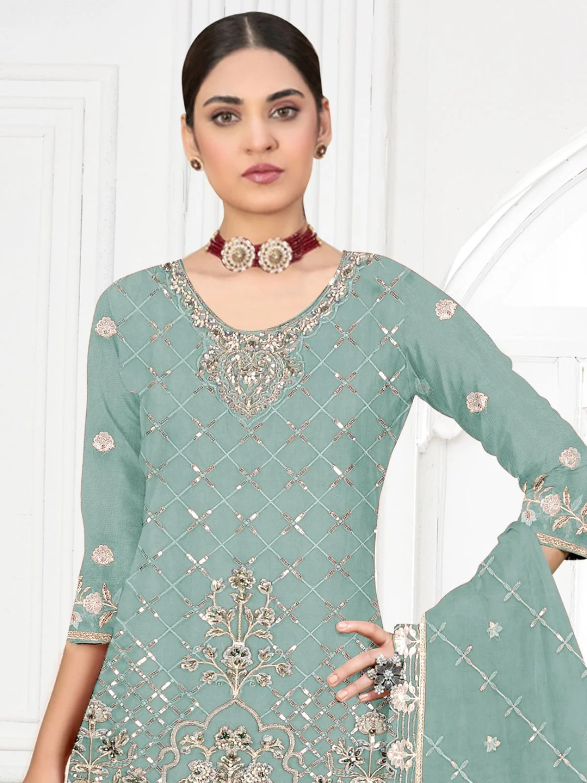Odette Sky Blue Georgette Embellished Semi-Stitched Kurta Set For Women - Image 2