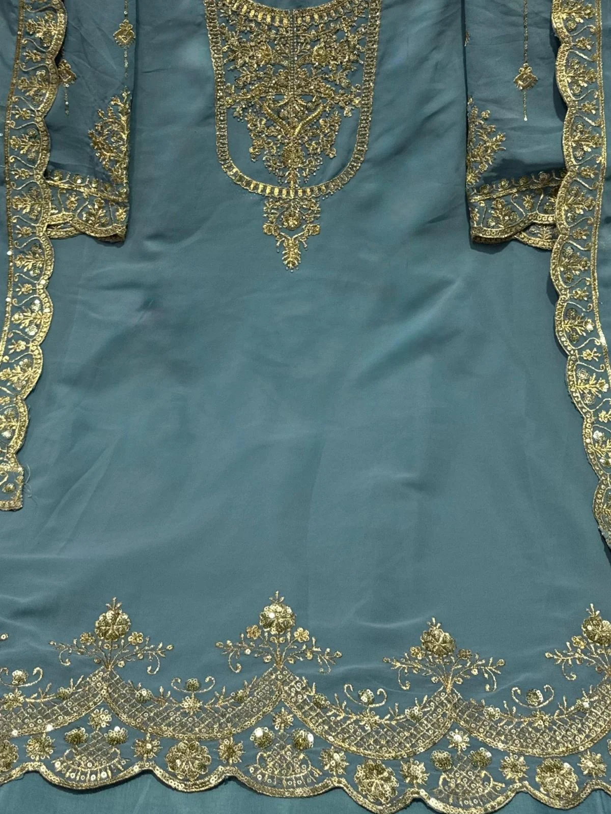 Odette Sky Blue Georgette Embroidered & Cutwork Semi-Sitched Kurta Set For Women - Image 3