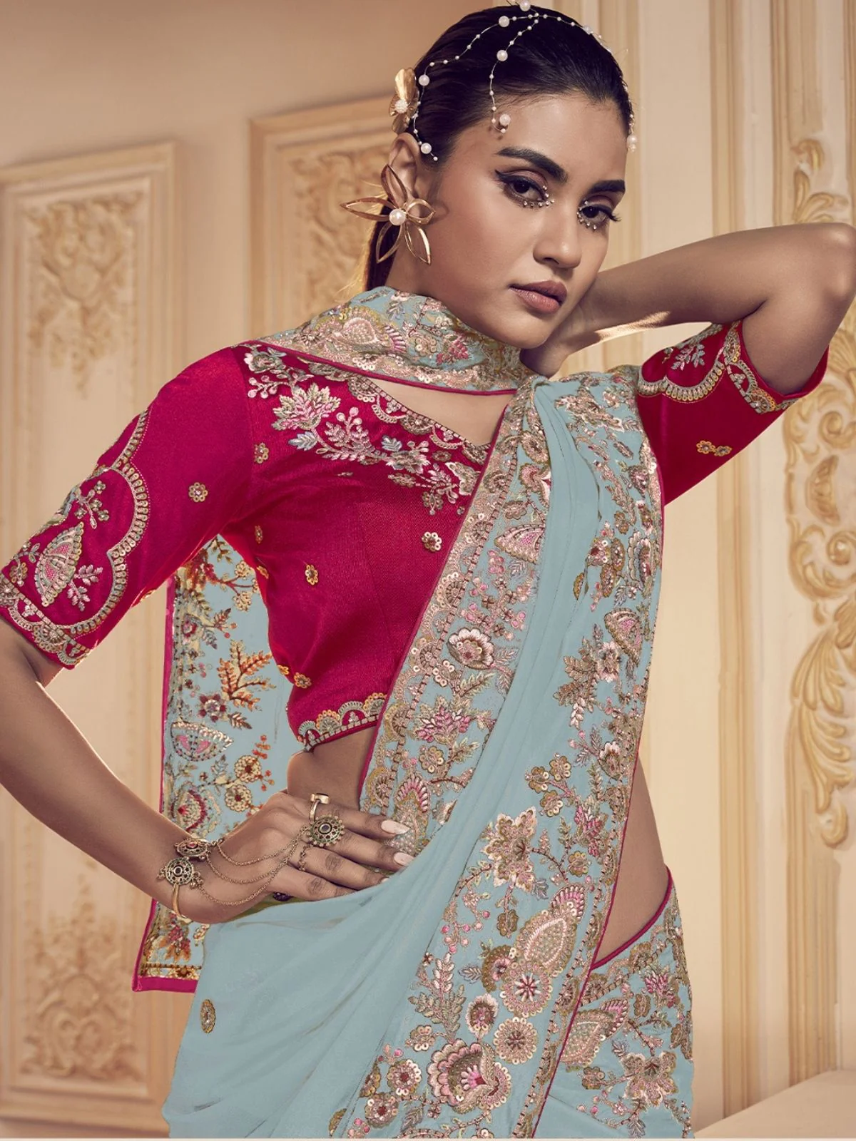 Odette Sky Blue Georgette Embroidered Elegant Saree For Women - Image 2