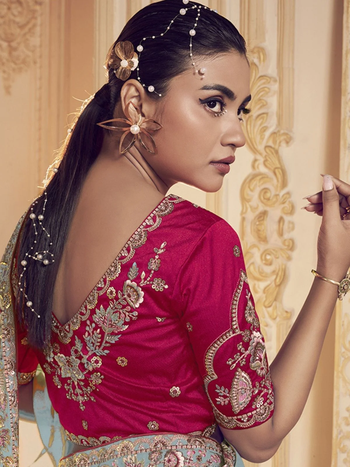 Odette Sky Blue Georgette Embroidered Elegant Saree For Women - Image 3