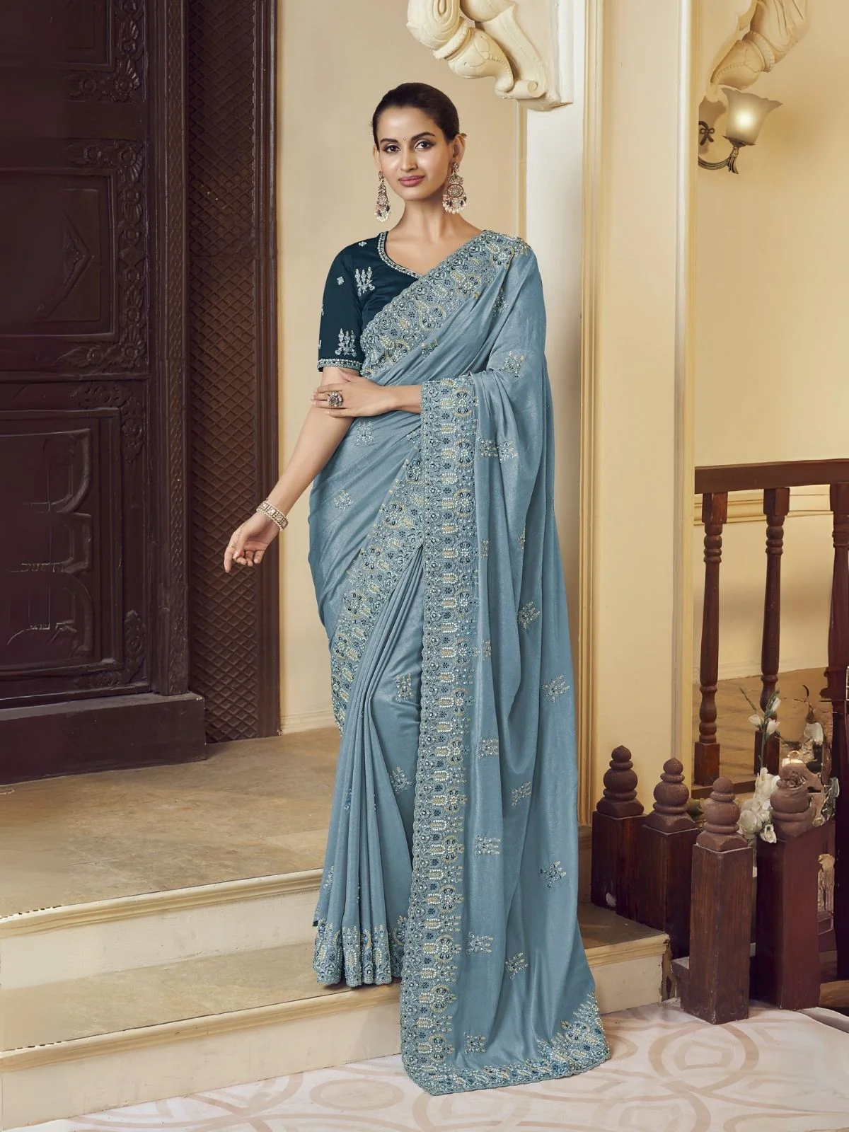 Odette Sky Blue Georgette Embroidered Elegant Saree For Women