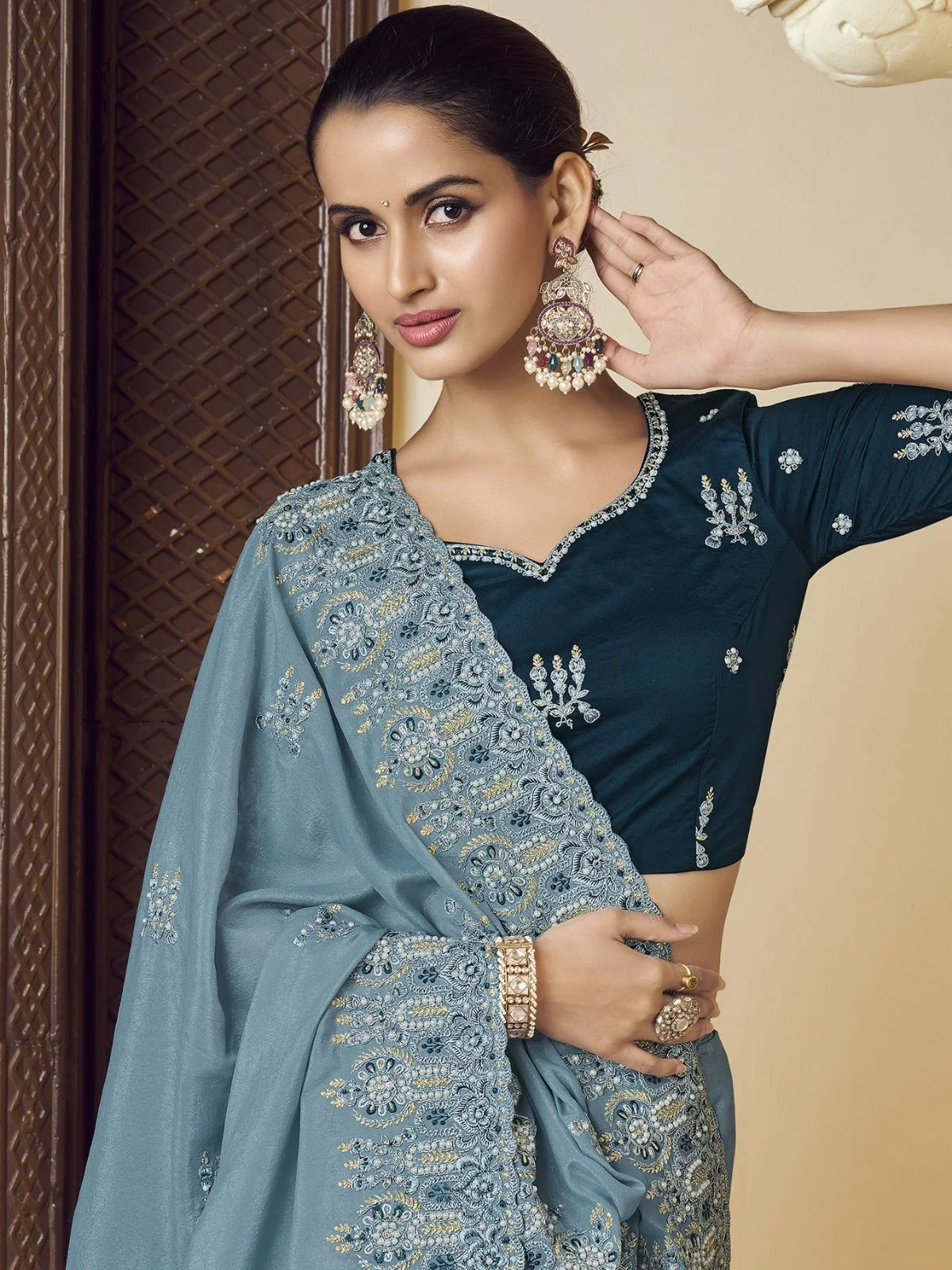 Odette Sky Blue Georgette Embroidered Elegant Saree For Women - Image 2