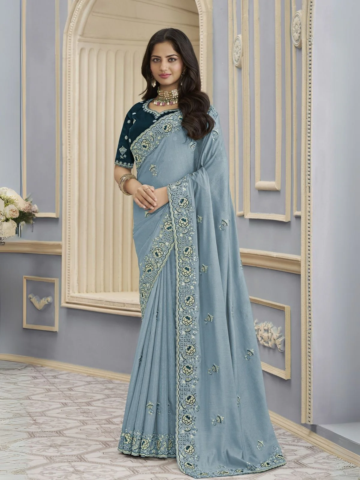 Odette Sky Blue Georgette Embroidered Elegant Saree For Women