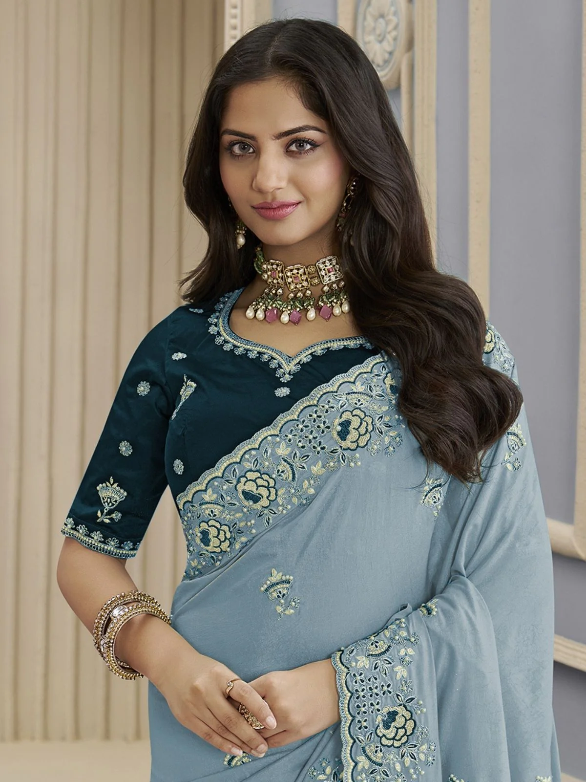 Odette Sky Blue Georgette Embroidered Elegant Saree For Women - Image 2