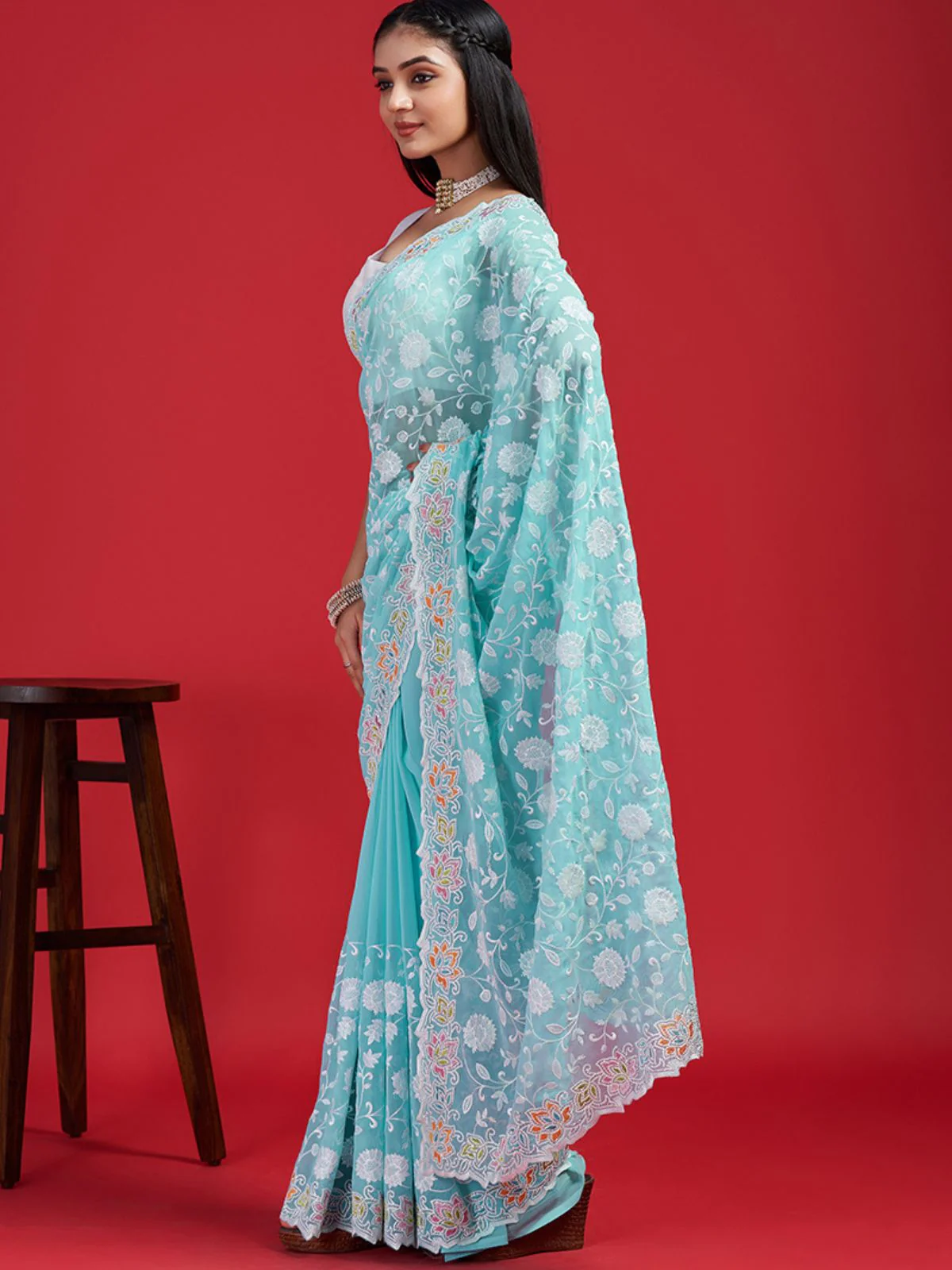 Odette Sky Blue Georgette Embroidered Saree with Unstitched Blouse for Women - Image 3