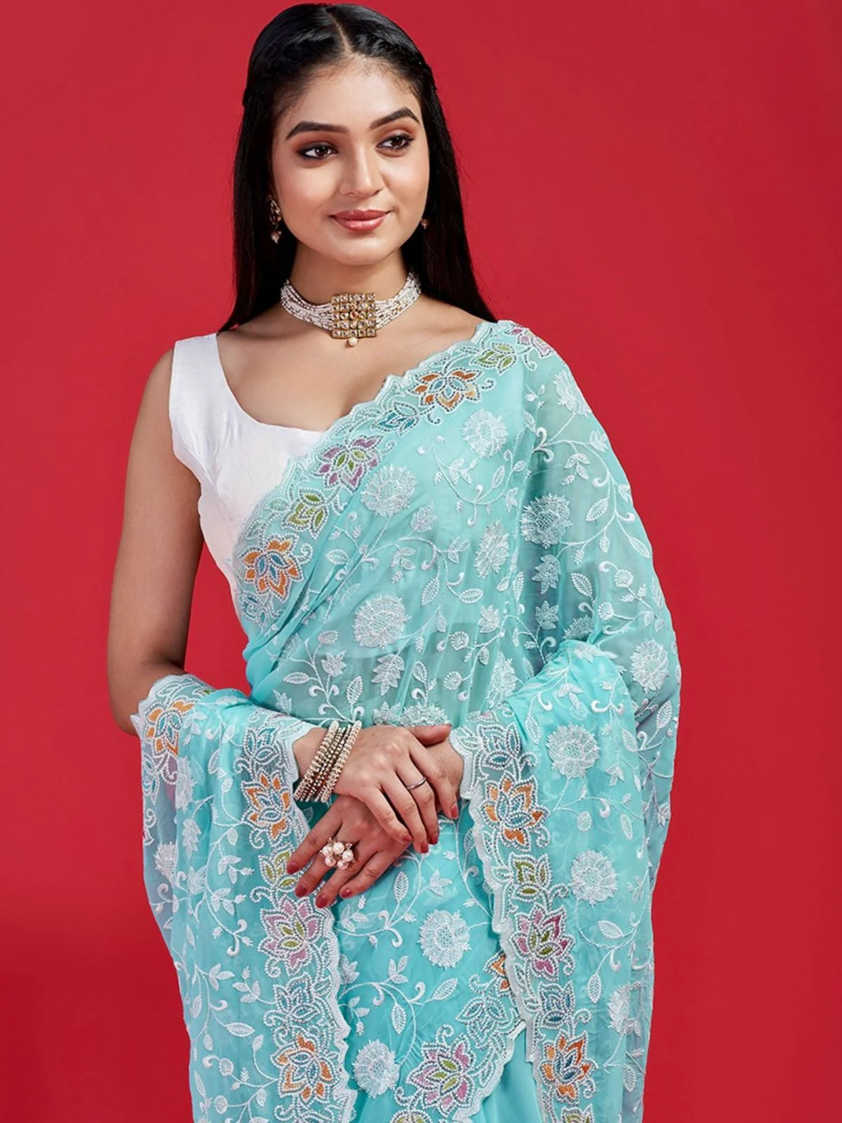 Odette Sky Blue Georgette Embroidered Saree with Unstitched Blouse for Women - Image 4