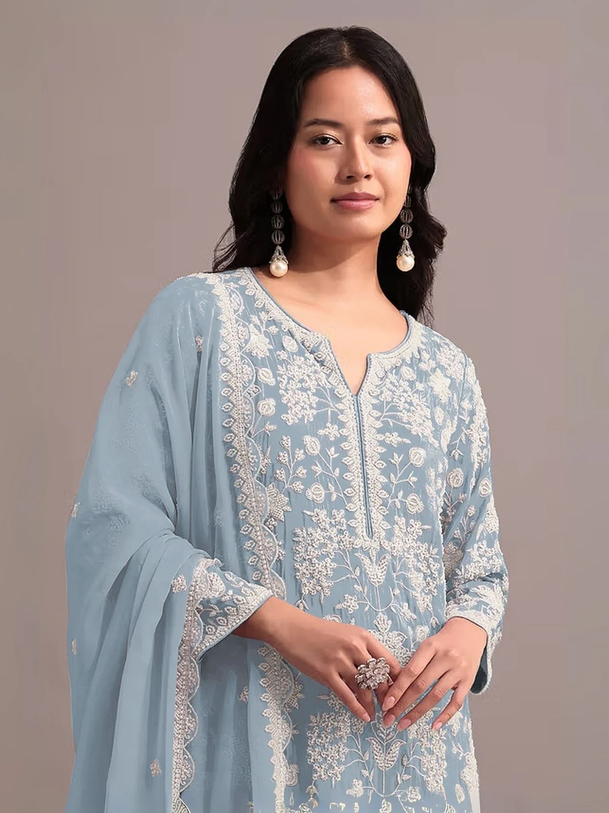 Odette Sky Blue Georgette Embroidered Semi-Sitched Kurta Set For Women - Image 2