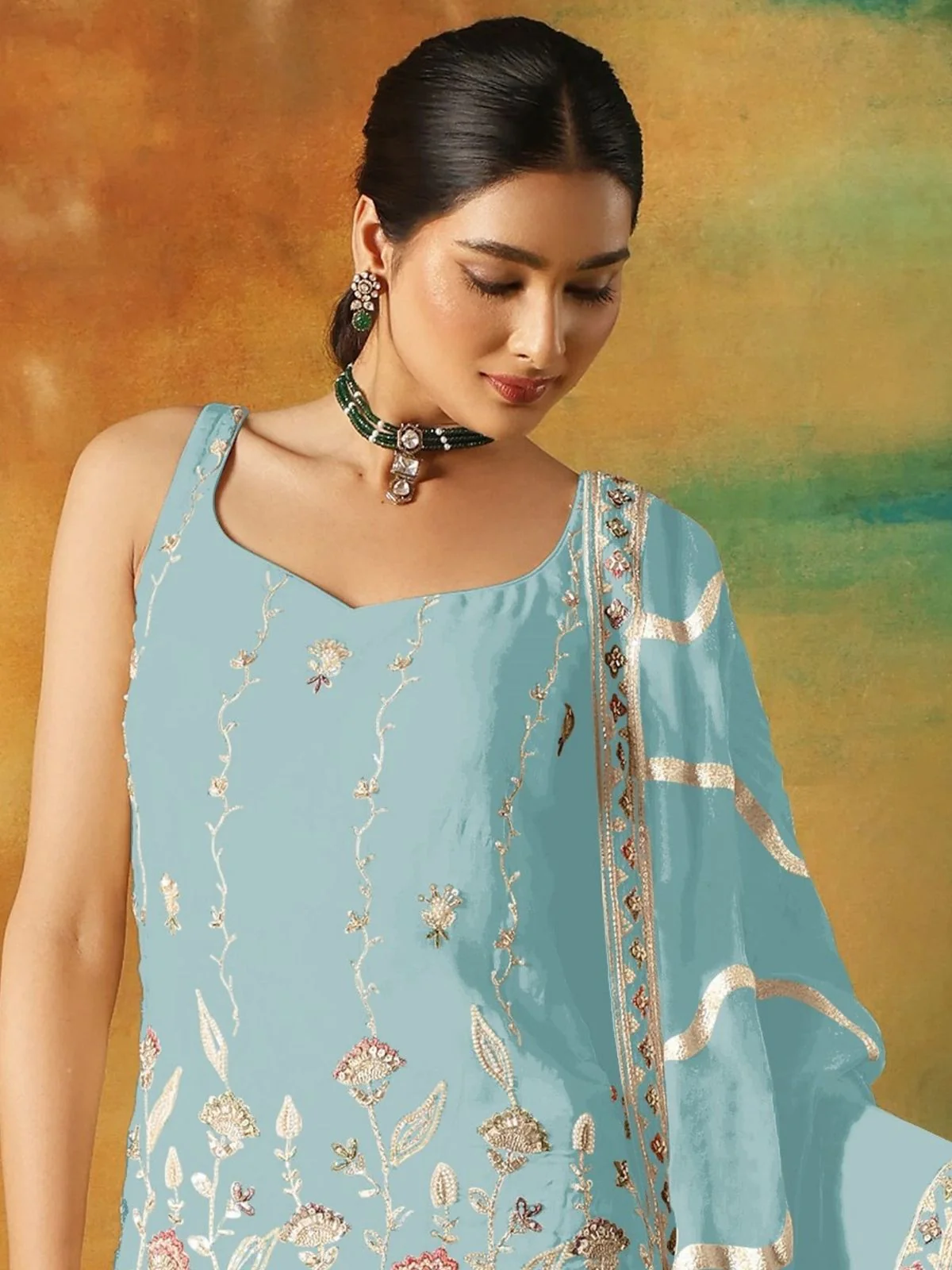 Odette Sky Blue Georgette Embroidered Semi-Sitched Kurta Set For Women - Image 2