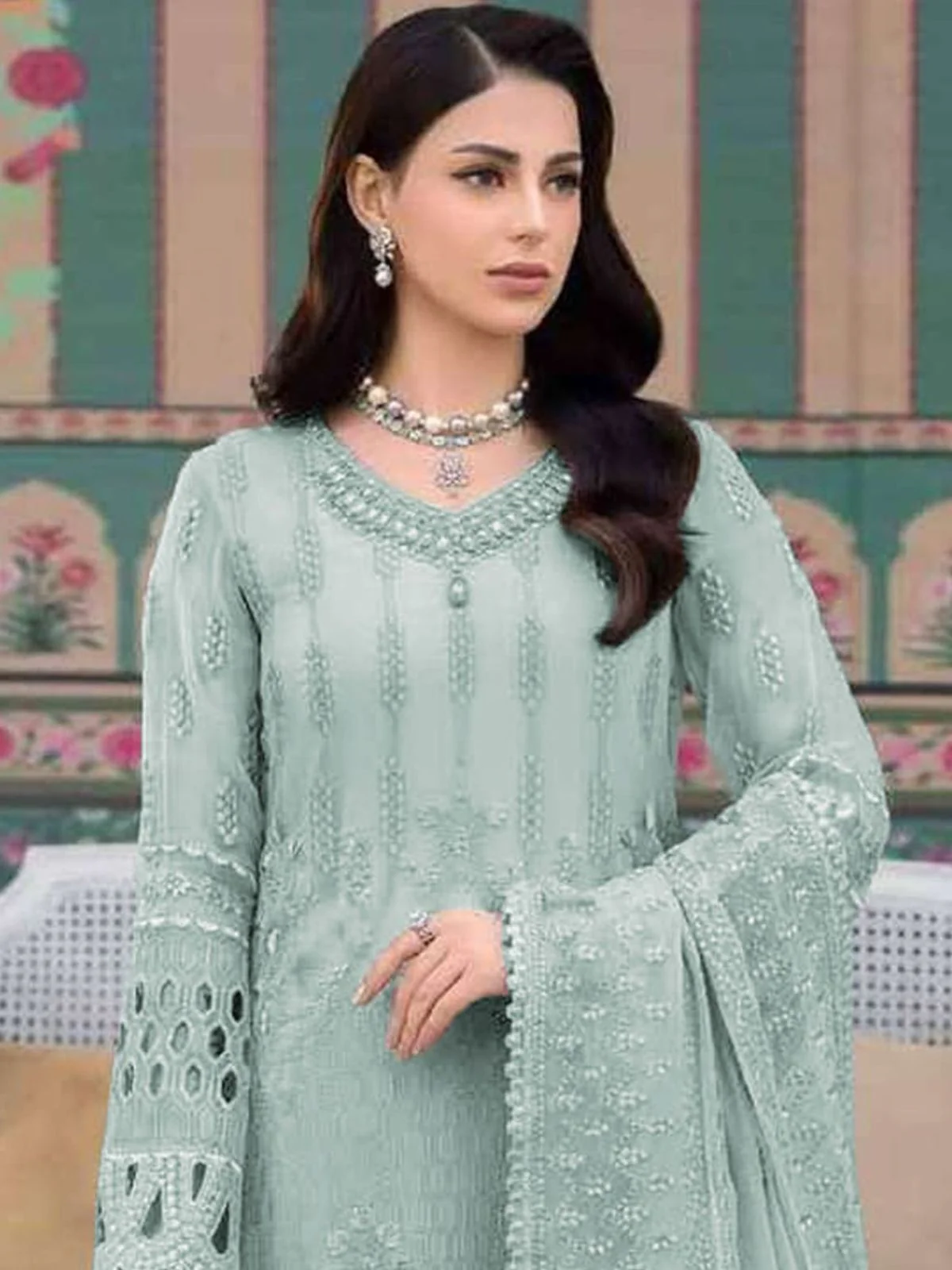 Odette Sky Blue Georgette Embroidered Semi-Stitched Kurta Set For Women - Image 2