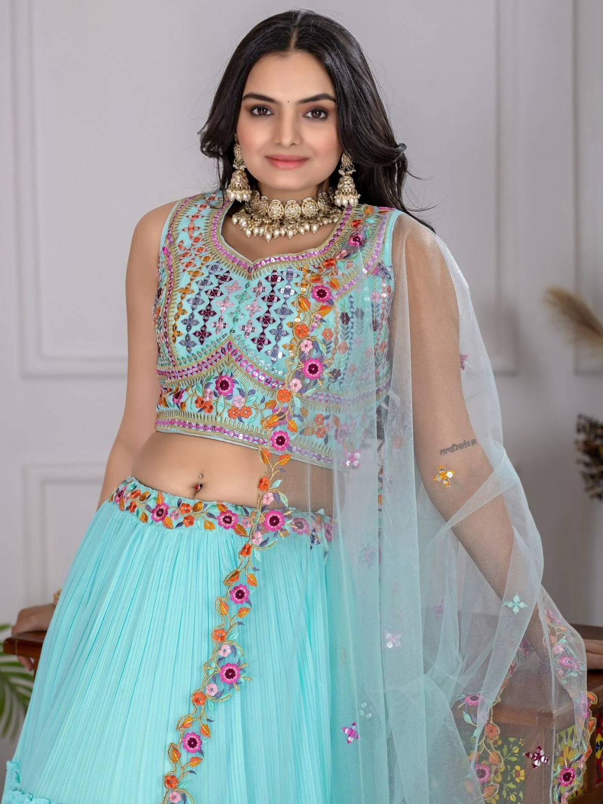 Odette Sky Blue Georgette Embroidered Semi-Stitched lehenga For Women - Image 4