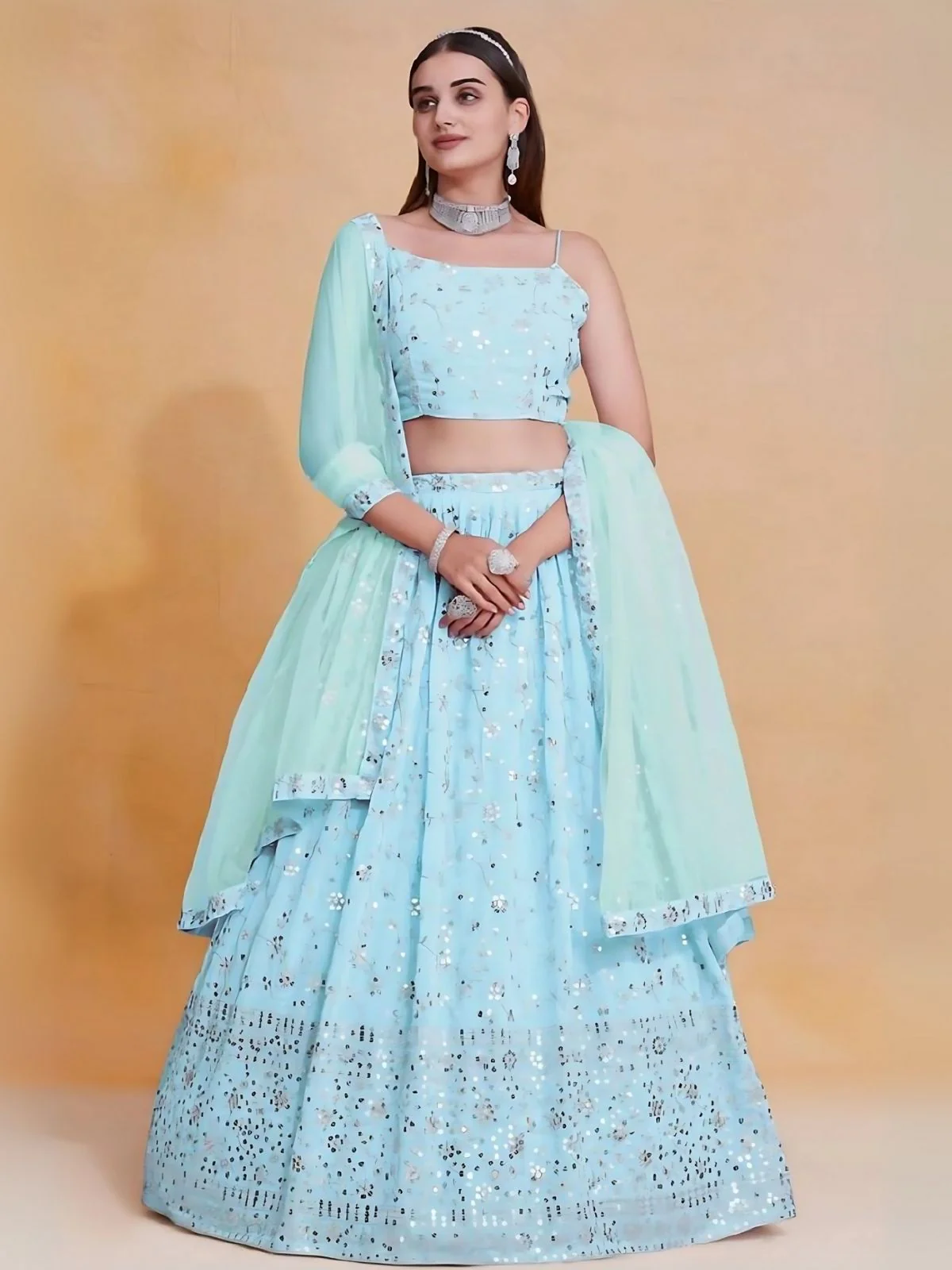 Odette Sky Blue Georgette Embroidered Semi-Stitched Lehenga For Women - Image 2