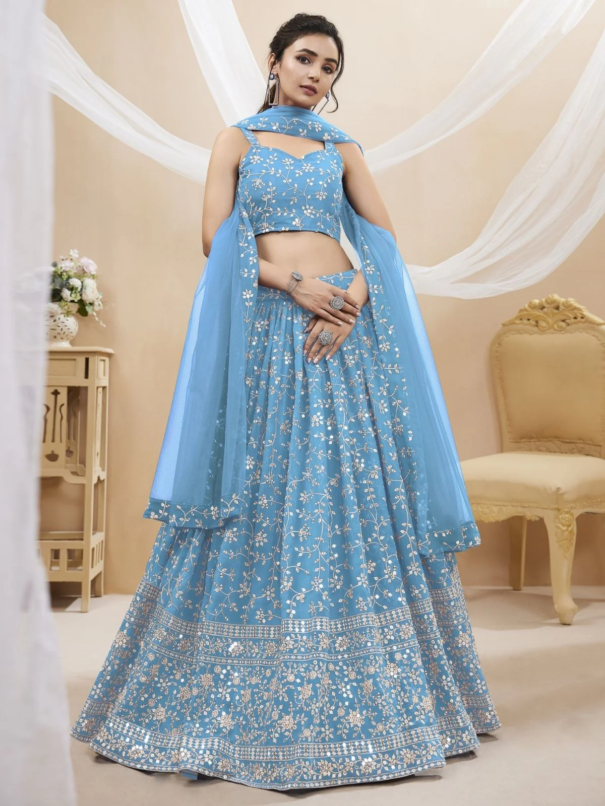 Odette Sky Blue Georgette Embroidered Semi-Stitched Lehenga For Women - Image 2