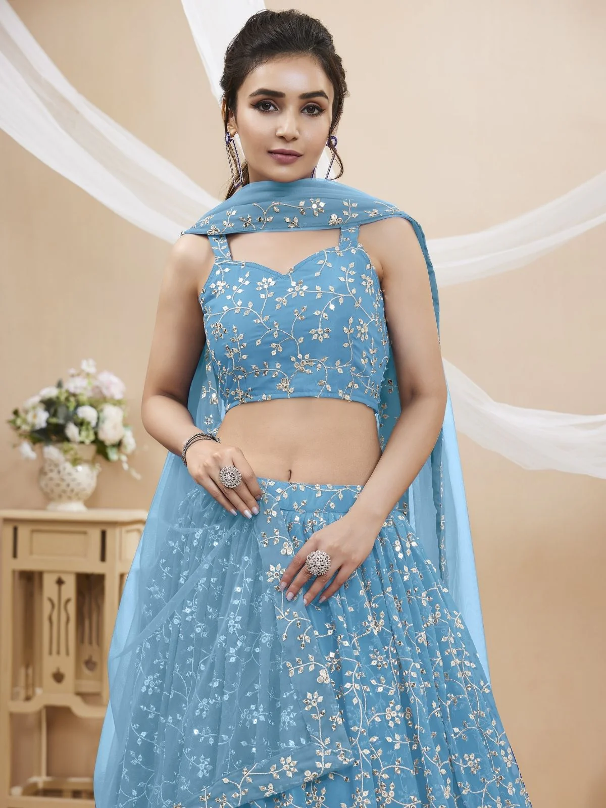 Odette Sky Blue Georgette Embroidered Semi-Stitched Lehenga For Women - Image 3