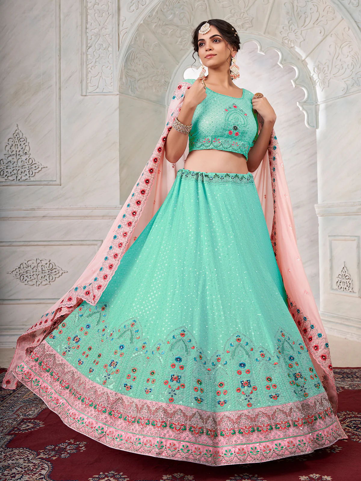 Odette Sky Blue Georgette Embroidered Semi Stitched Lehenga With Unstitched Blouse for Women - Image 3