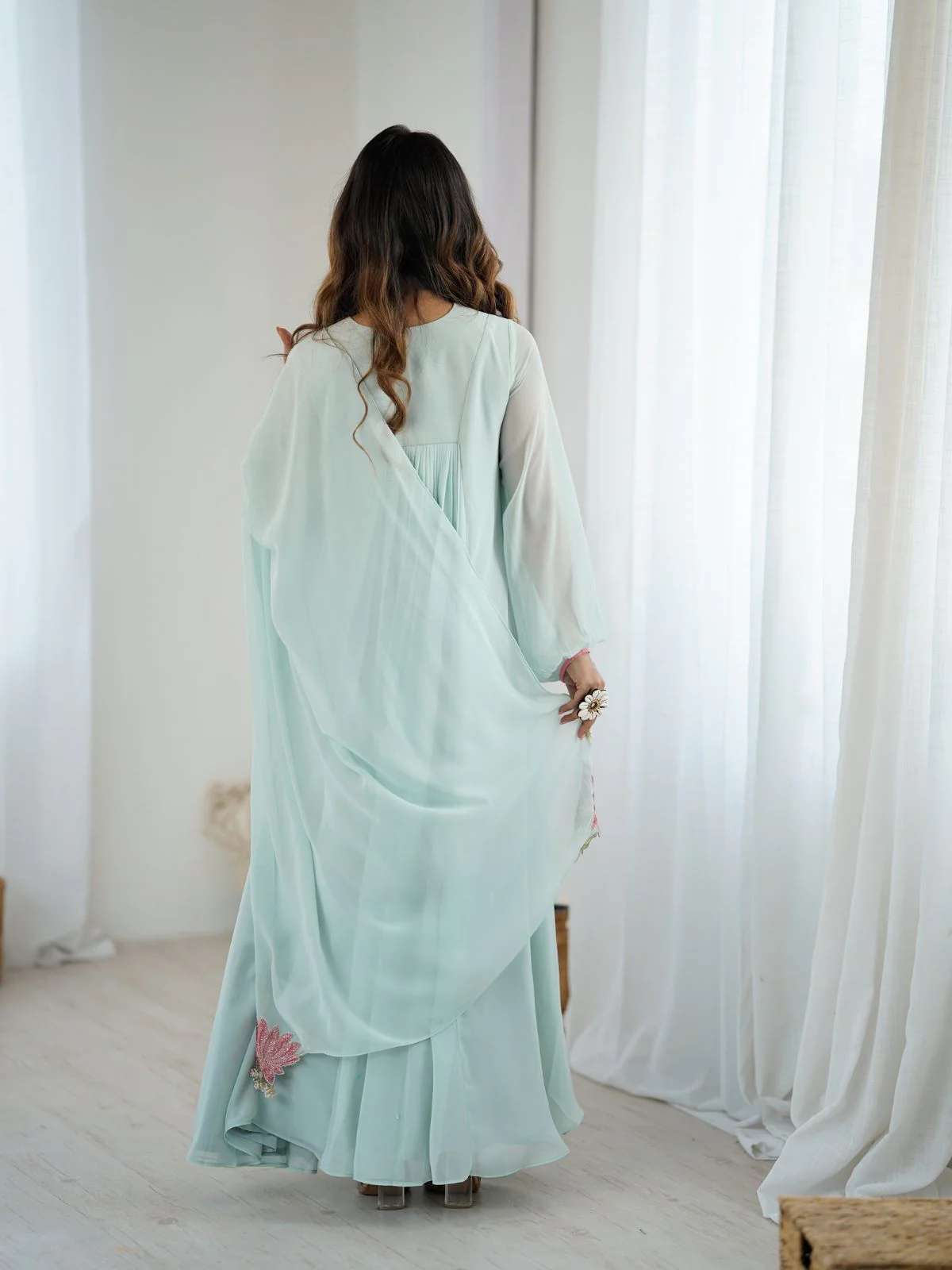 Odette Sky Blue Georgette Embroidered Stitched Kurta Set For Women - Image 2