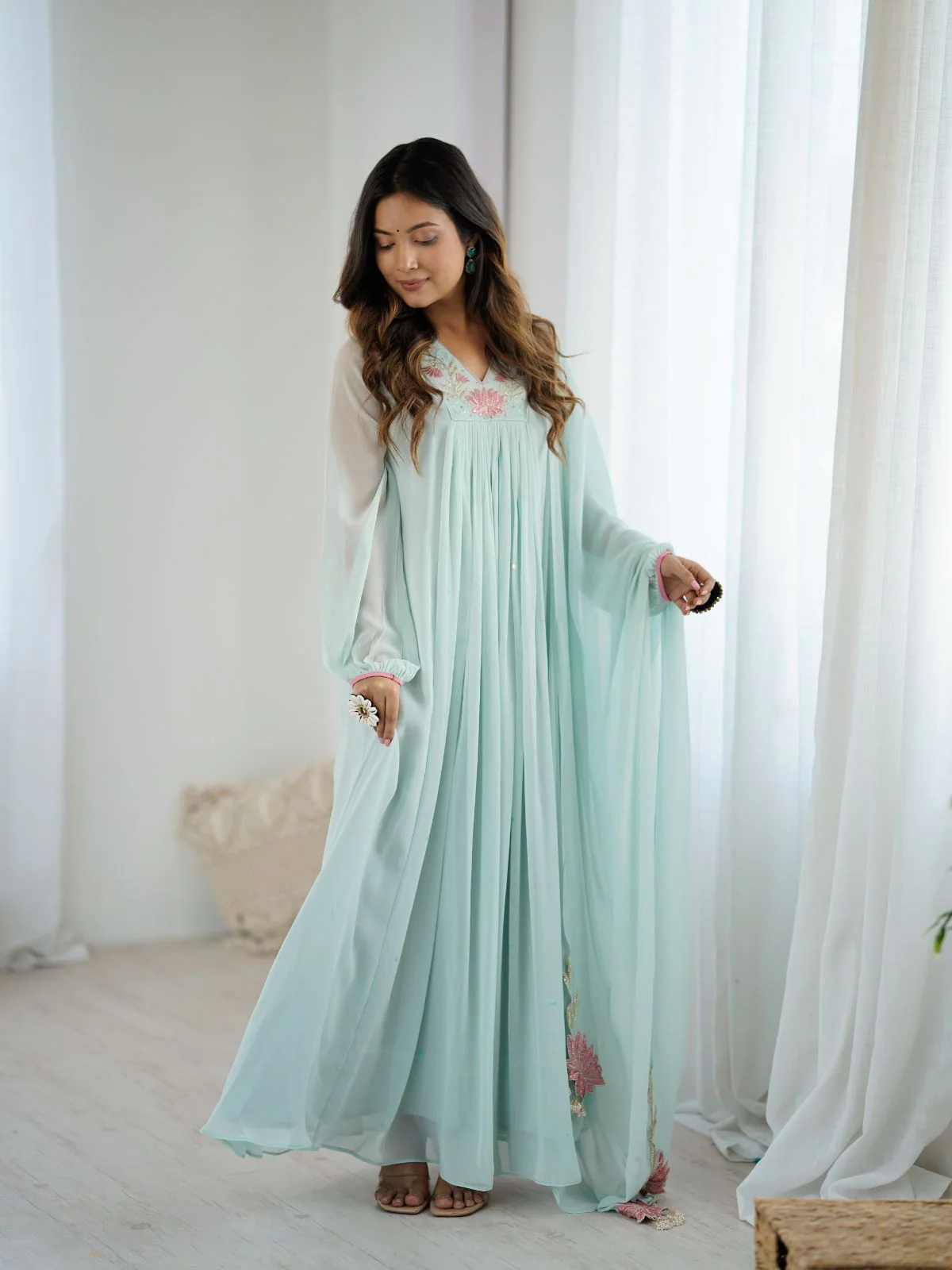 Odette Sky Blue Georgette Embroidered Stitched Kurta Set For Women - Image 3