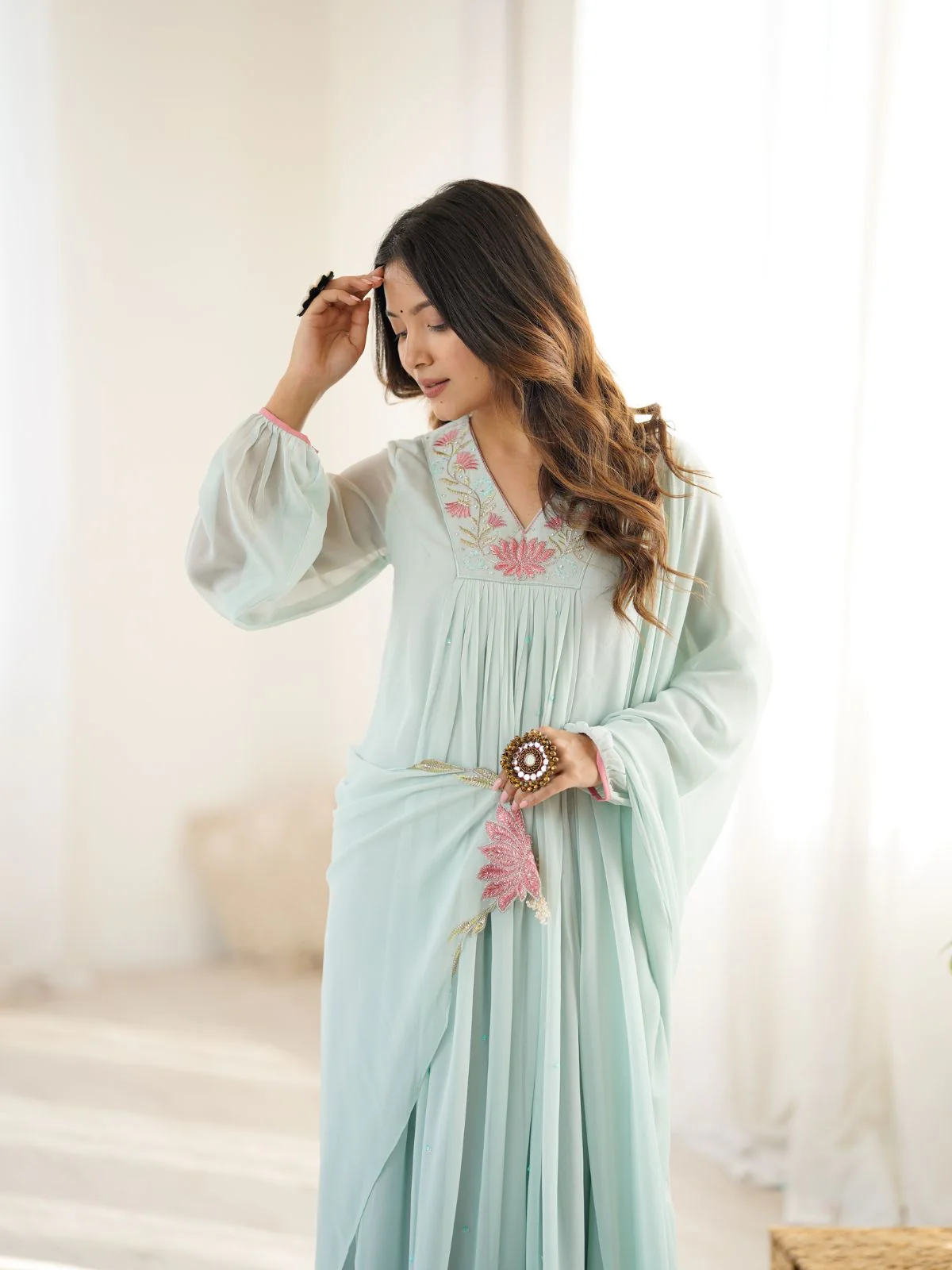 Odette Sky Blue Georgette Embroidered Stitched Kurta Set For Women - Image 4