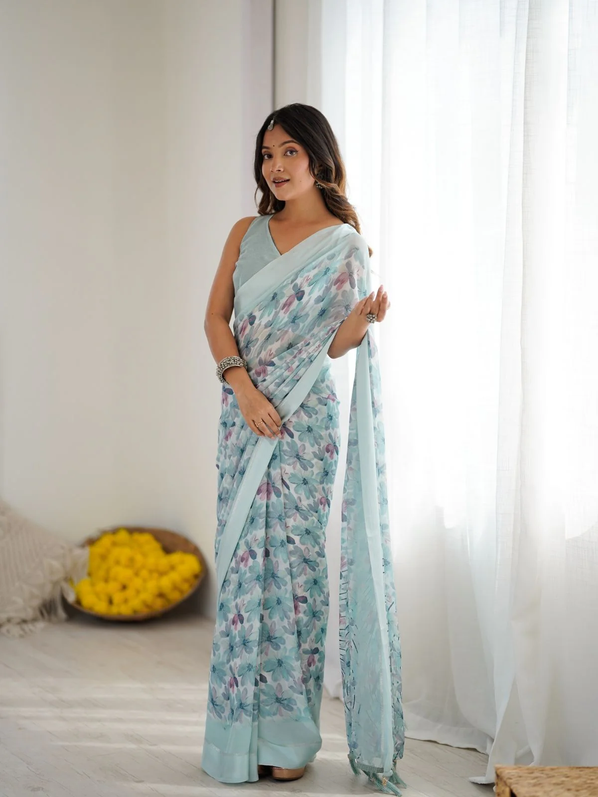 Odette Sky Blue Georgette Printed Saree For Women